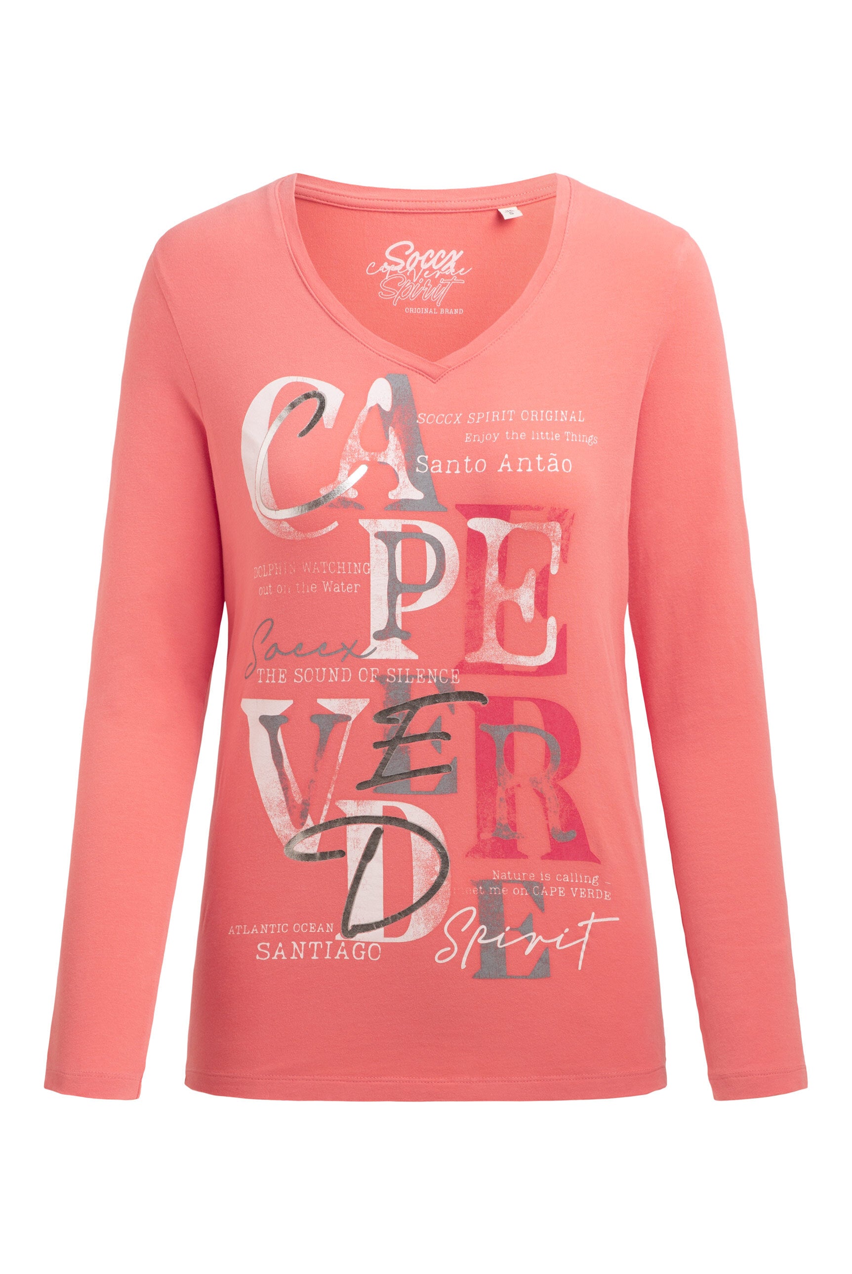 Koszulka z długim rękawem, dekoltem w serek i nadrukowanym napisem - 1