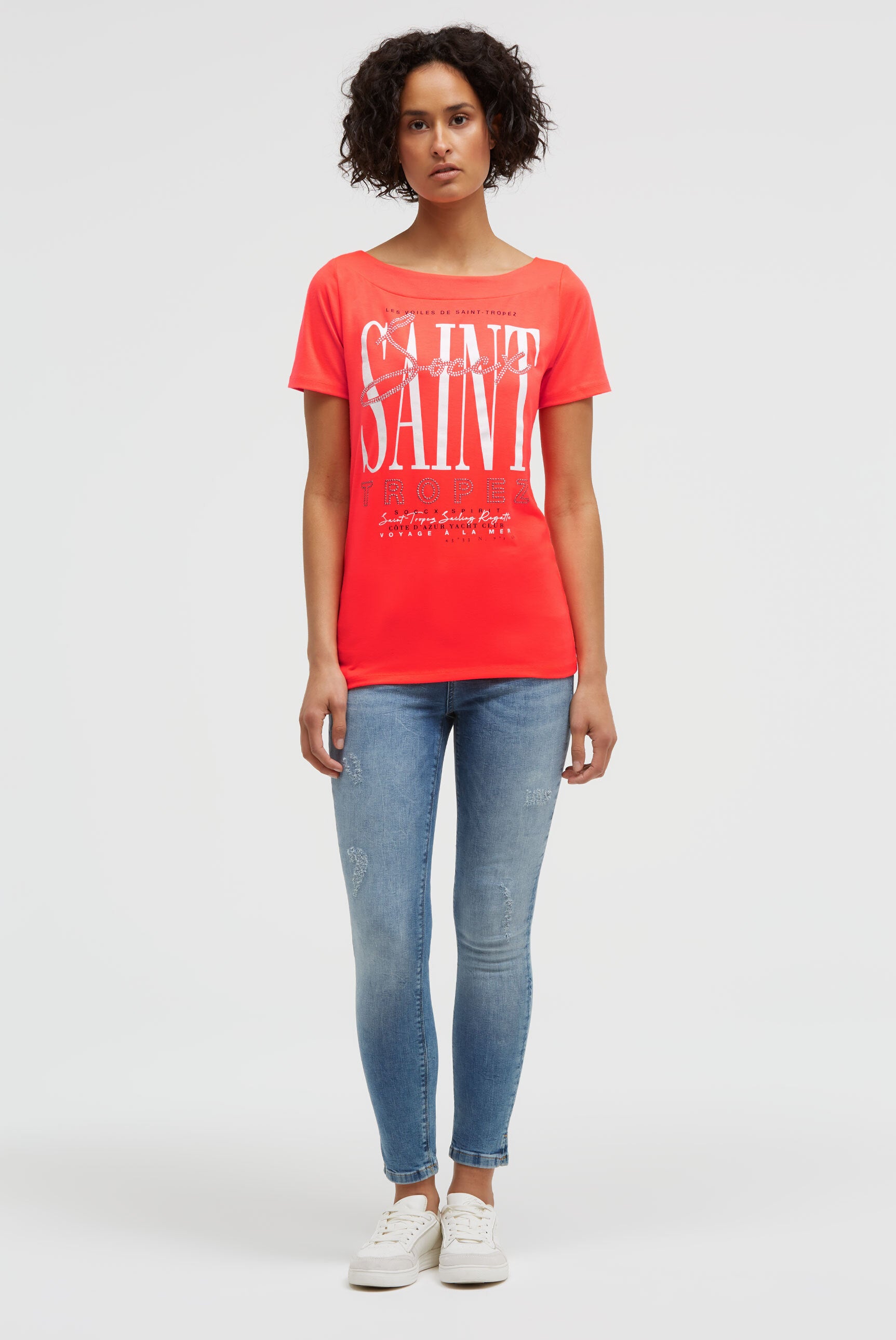 T-Shirt mit U-Boot-Ausschnitt und Artwork red neon
