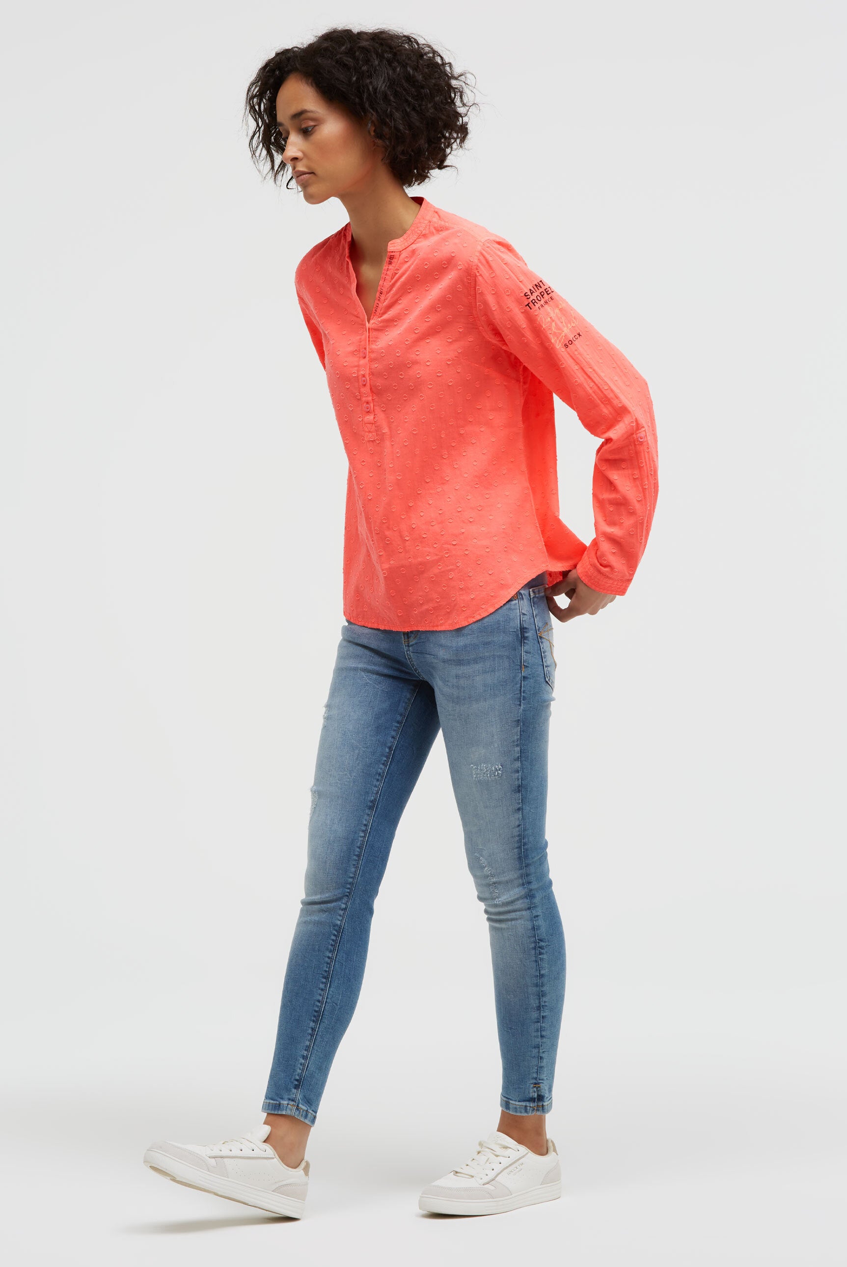 Langarmbluse mit Tunika-Ausschnitt und Prints red neon