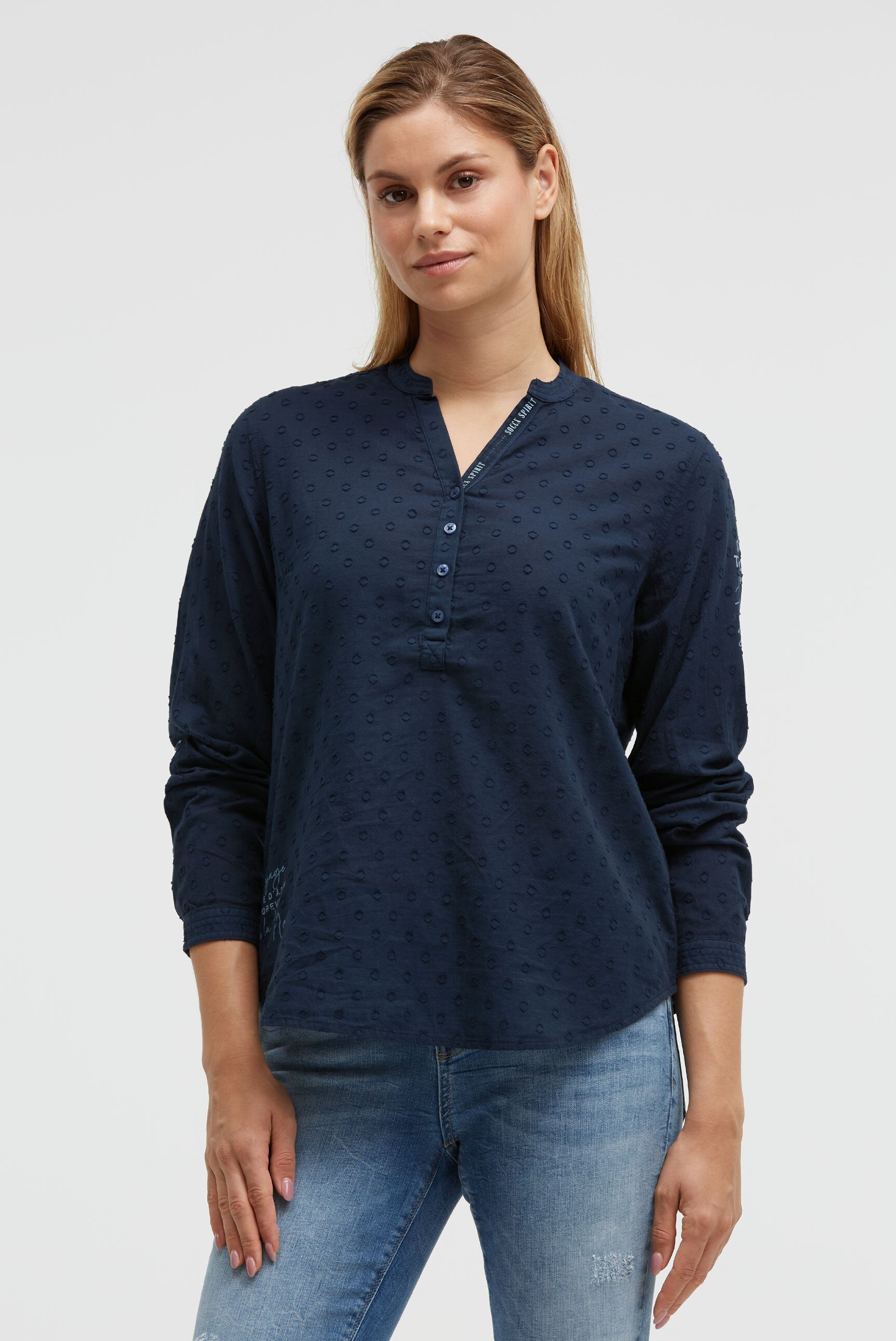 Bluzka z długim rękawem, dekoltem tunikowym i nadrukami