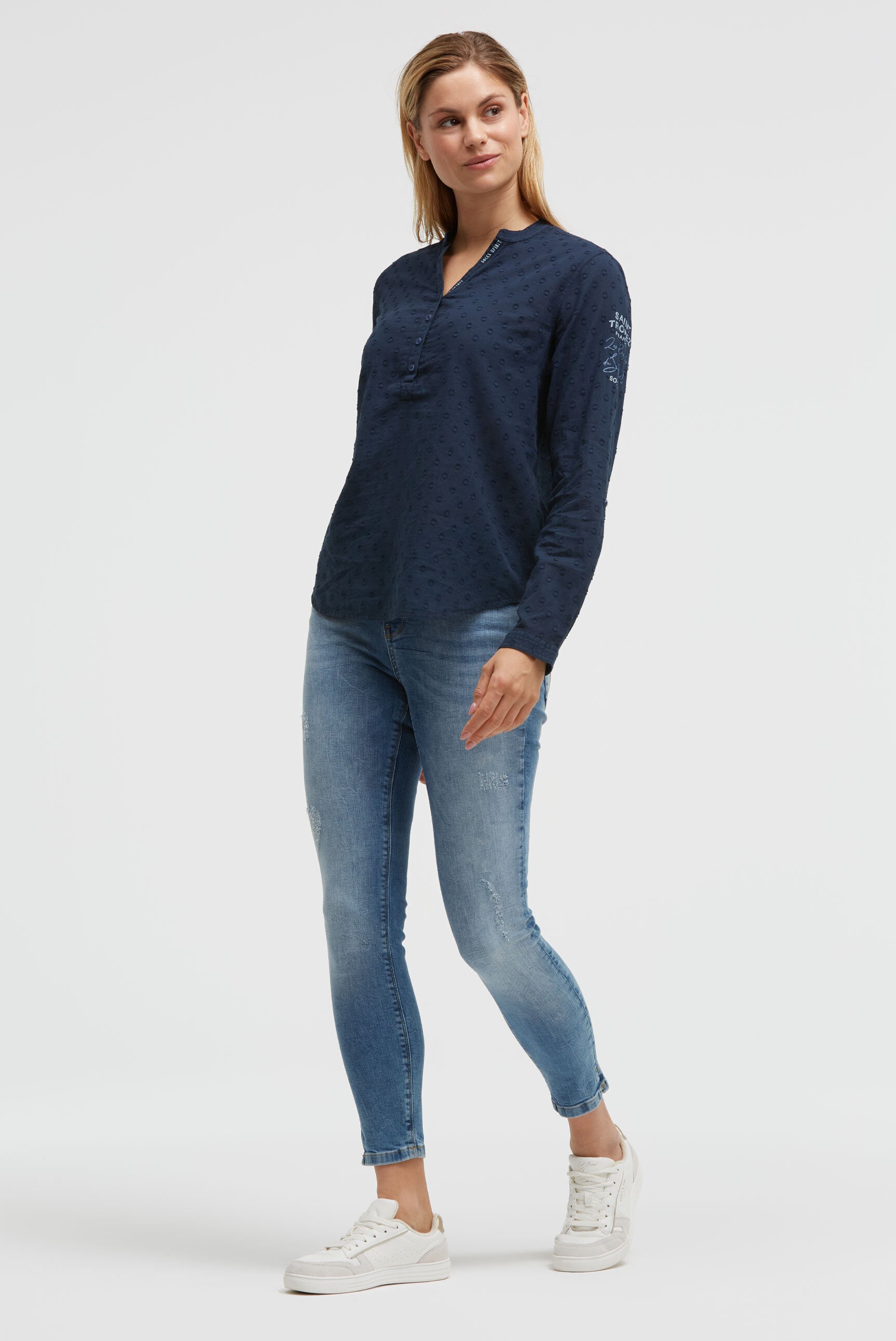 Langarmbluse mit Tunika-Ausschnitt und Prints blue navy - 3