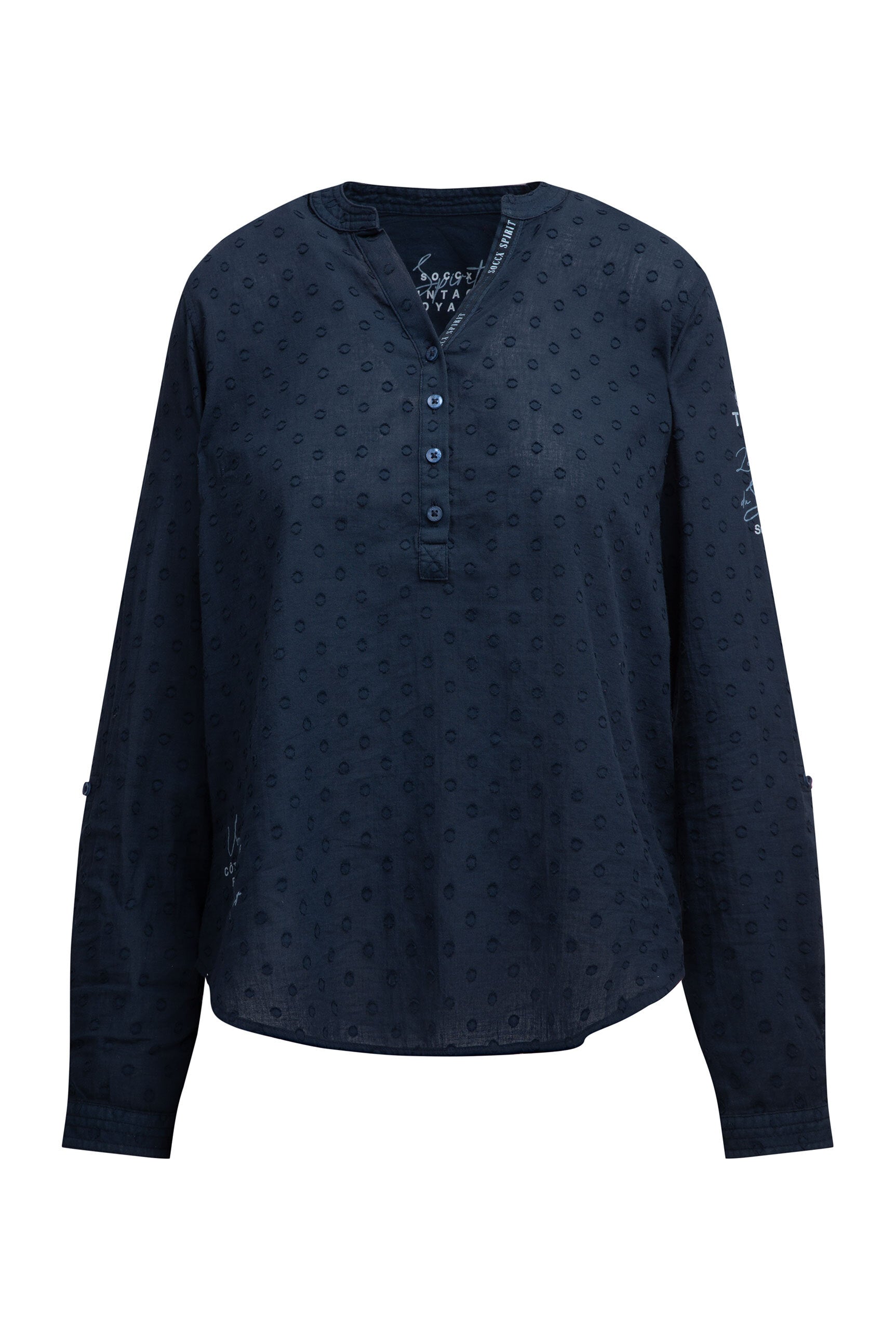 Bluzka z długim rękawem, dekoltem tunikowym i nadrukami