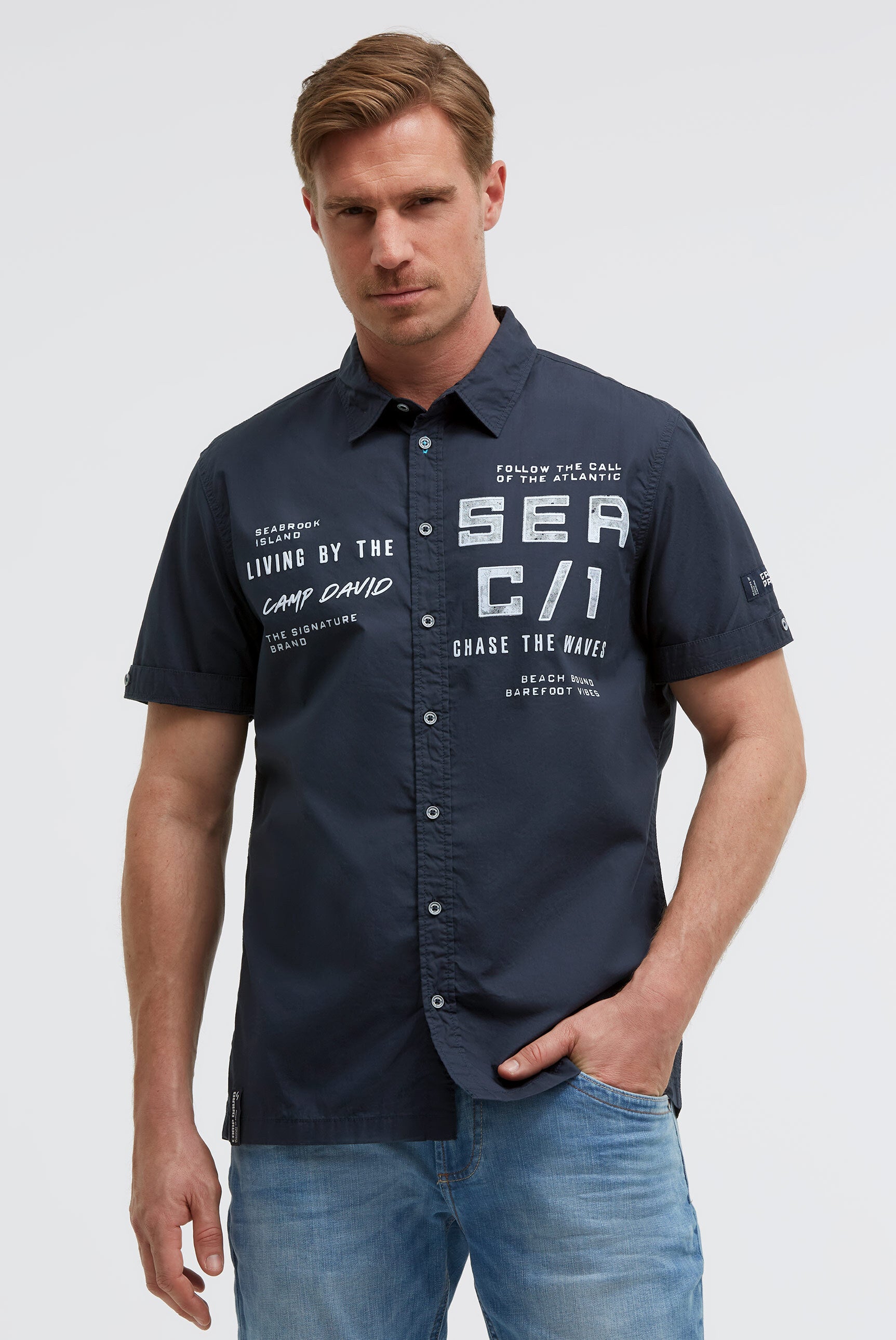 Kurzarmhemd mit Label Prints blue navy - 2