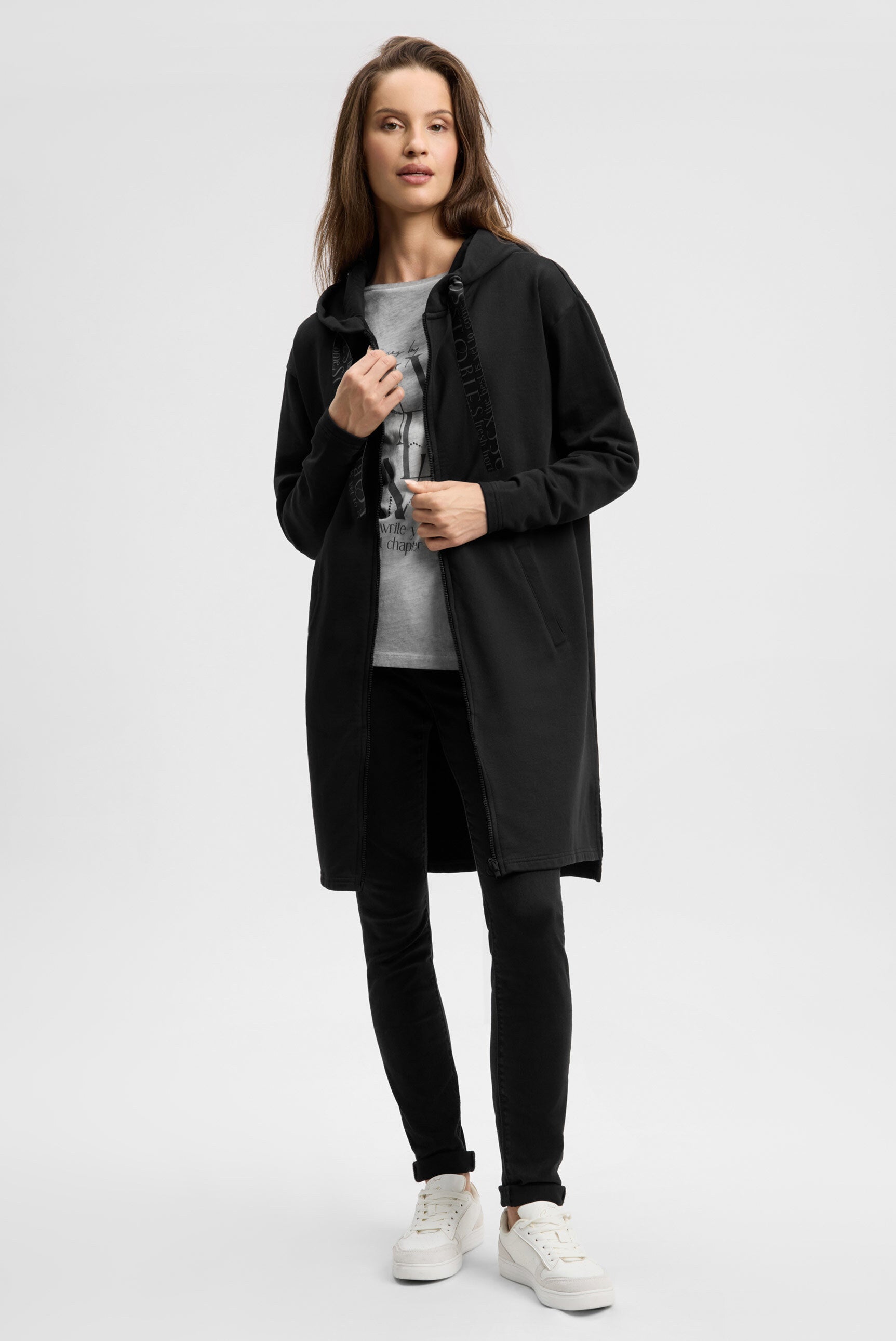 Długa rozpinana bluza z kapturem i nadrukiem z tyłu - 2