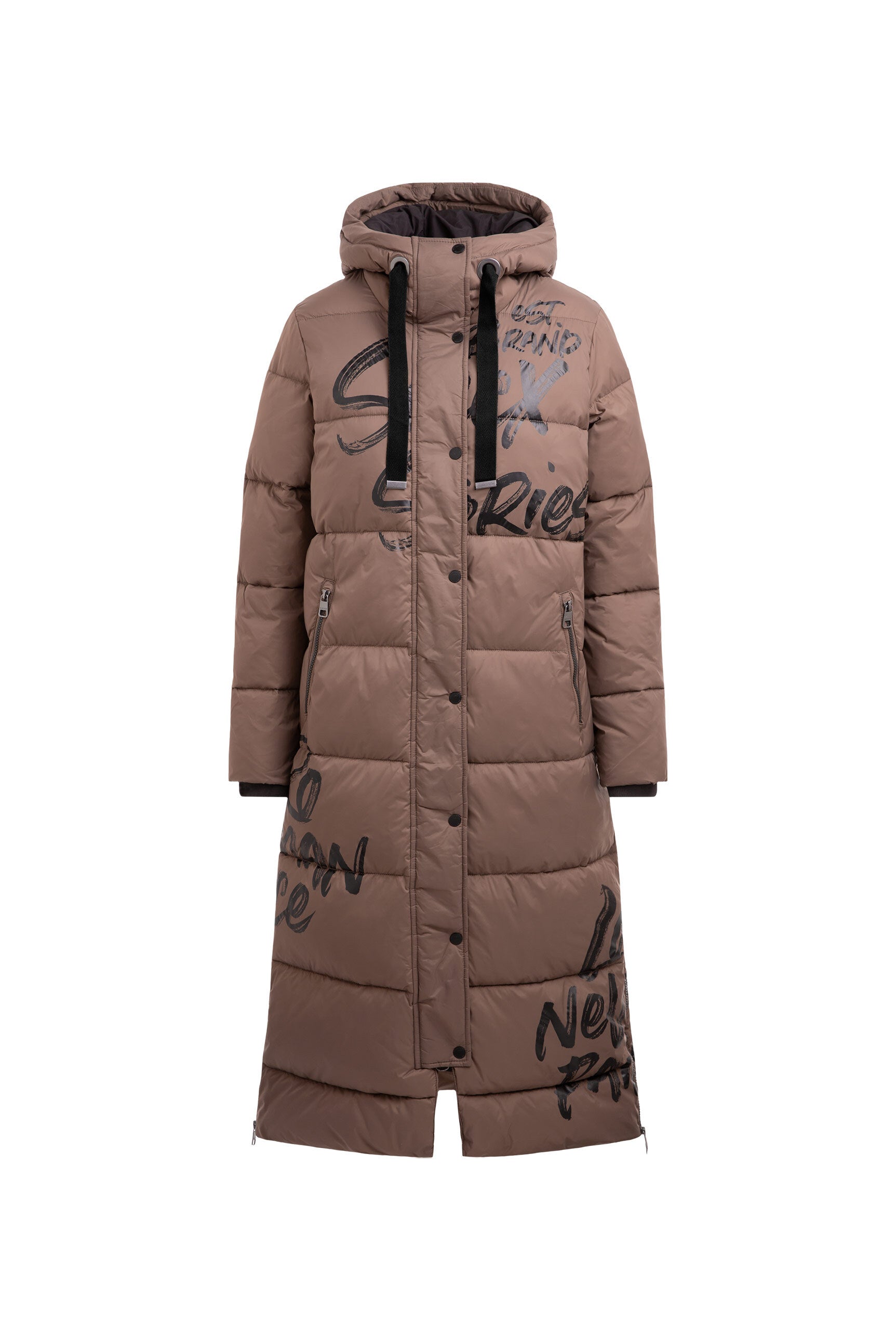Pikowany płaszcz z kapturem i nadrukami z logo