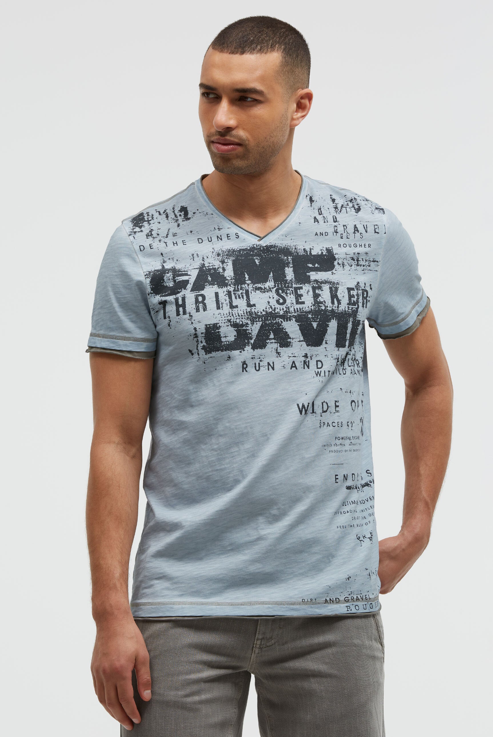 T-Shirt mit V-Neck im Vintage Look silver blue - 2