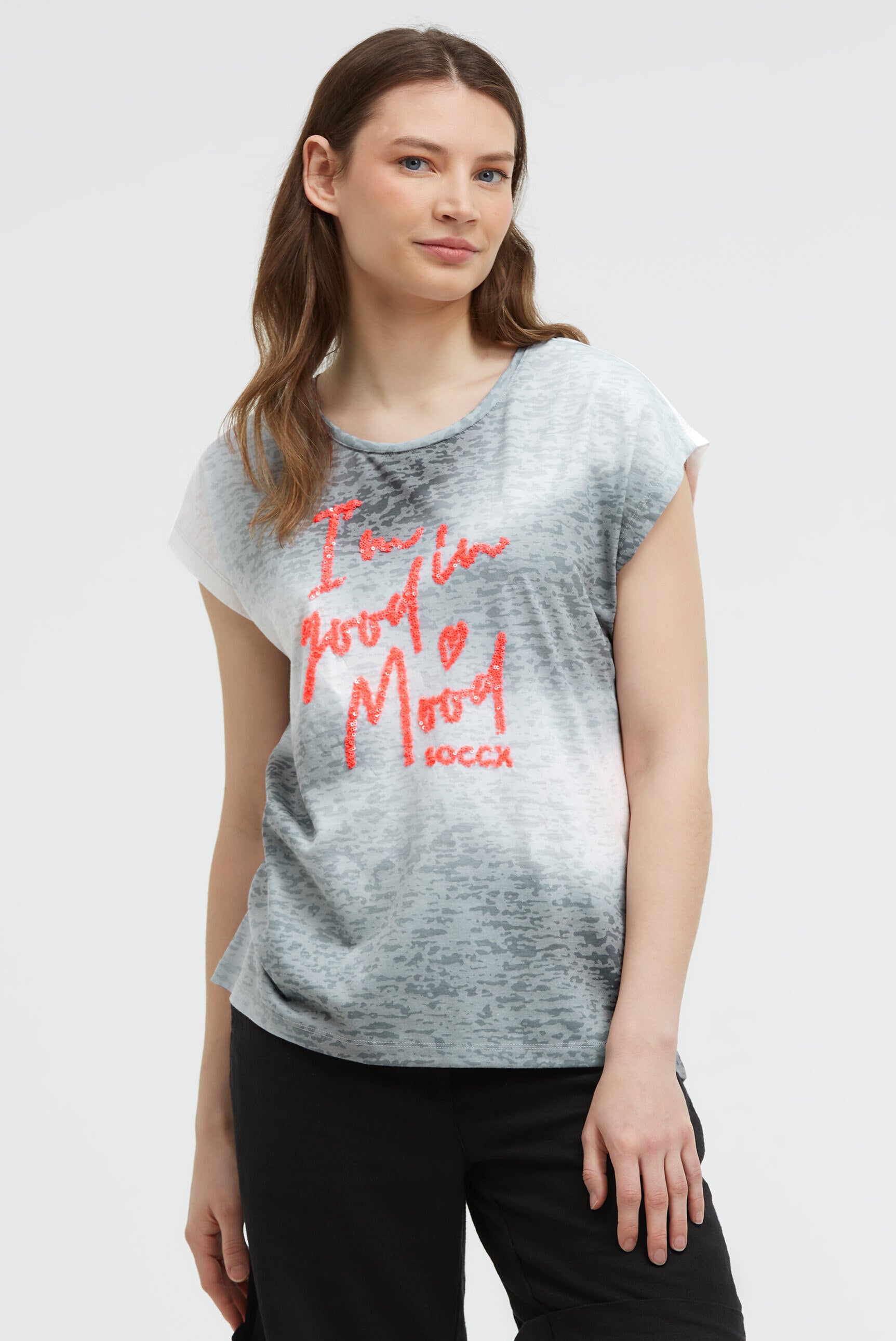 T-shirt devore z napisem z cekinów