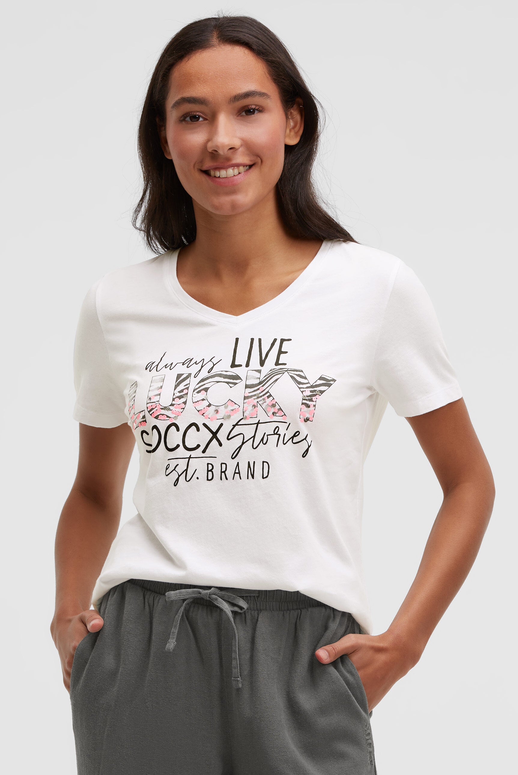 T-shirt z dekoltem w szpic i grafiką