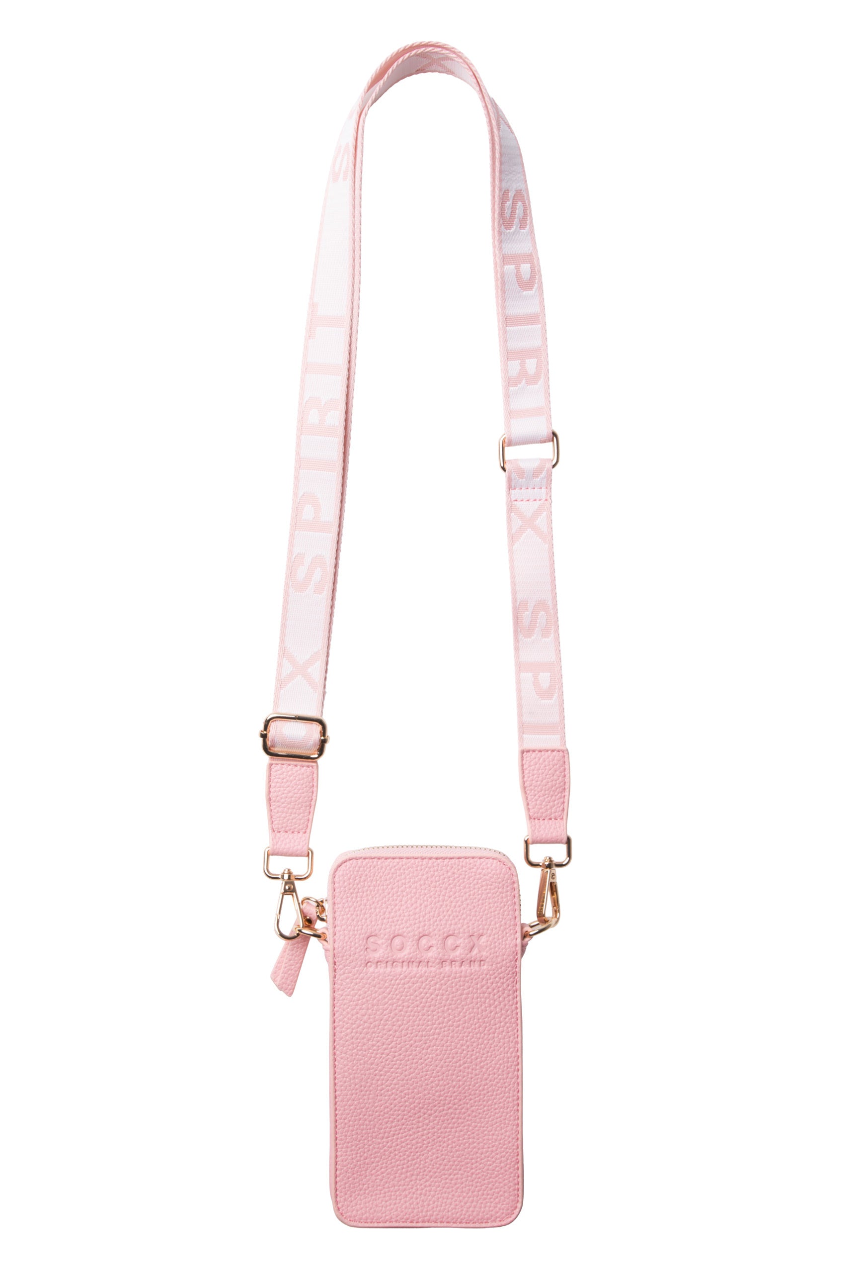 Torebka na telefon z logo i intarsjowanym paskiem parcianym