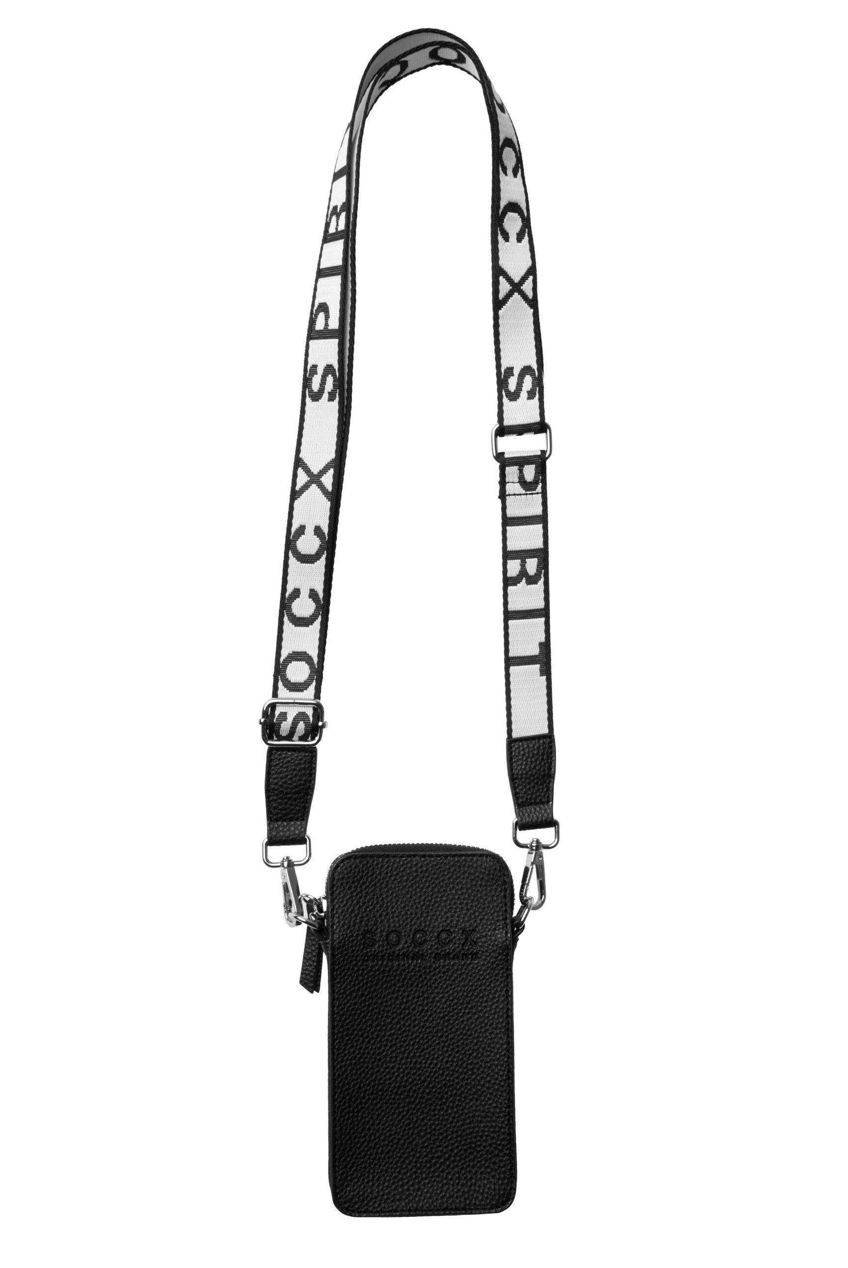 Torebka na telefon z logo i intarsjowanym paskiem parcianym