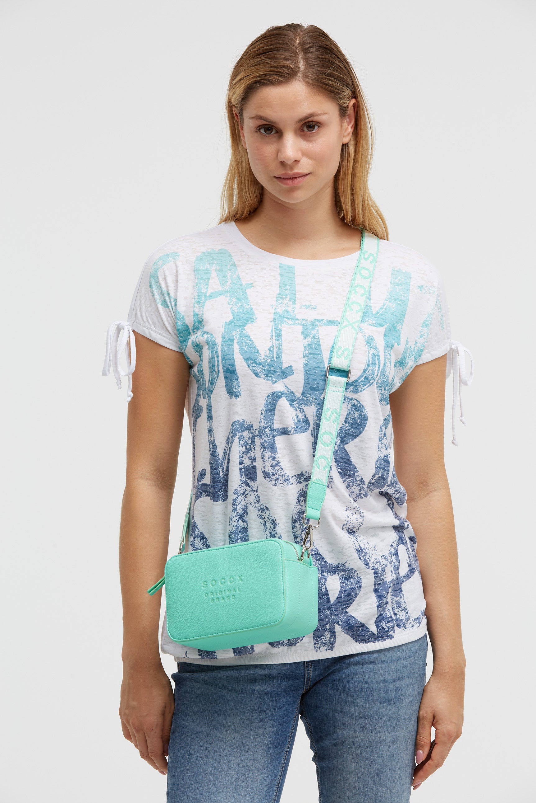 Torebka crossbody z logo i intarsjowanym paskiem parcianym