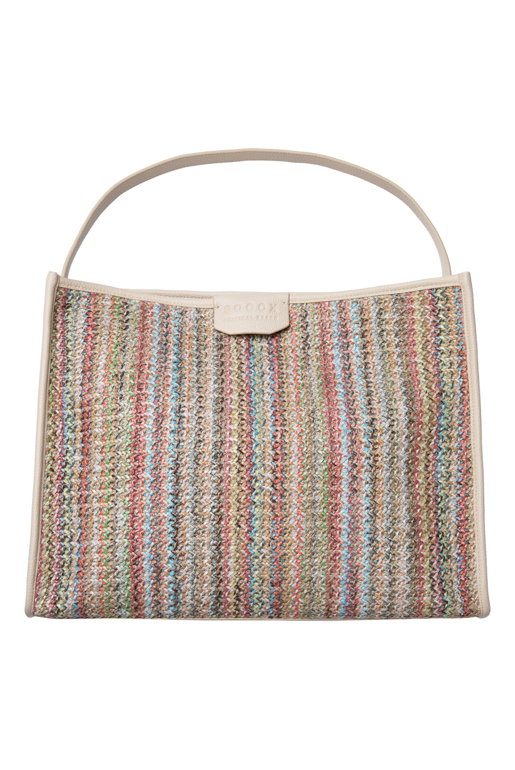 Szydełkowana torba typu hobo z intarsjowanym paskiem parcianym