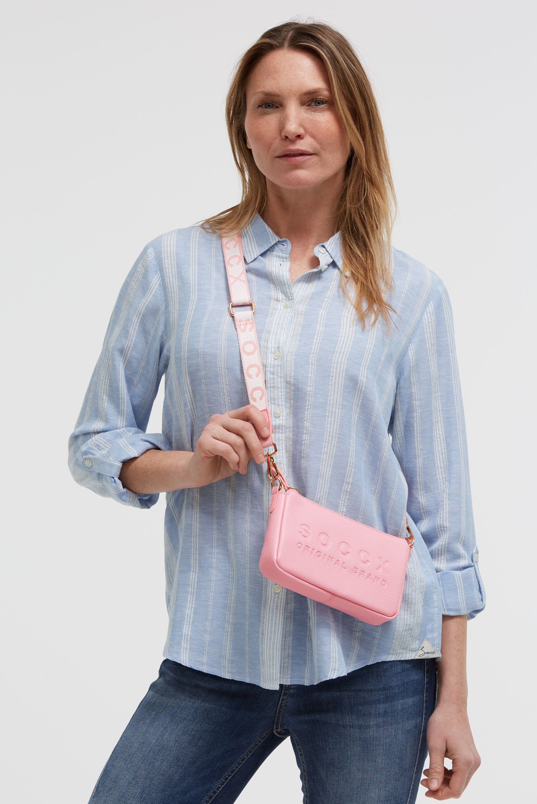 Mała torebka na ramię z paskiem parcianym intarsjowanym logo - 2