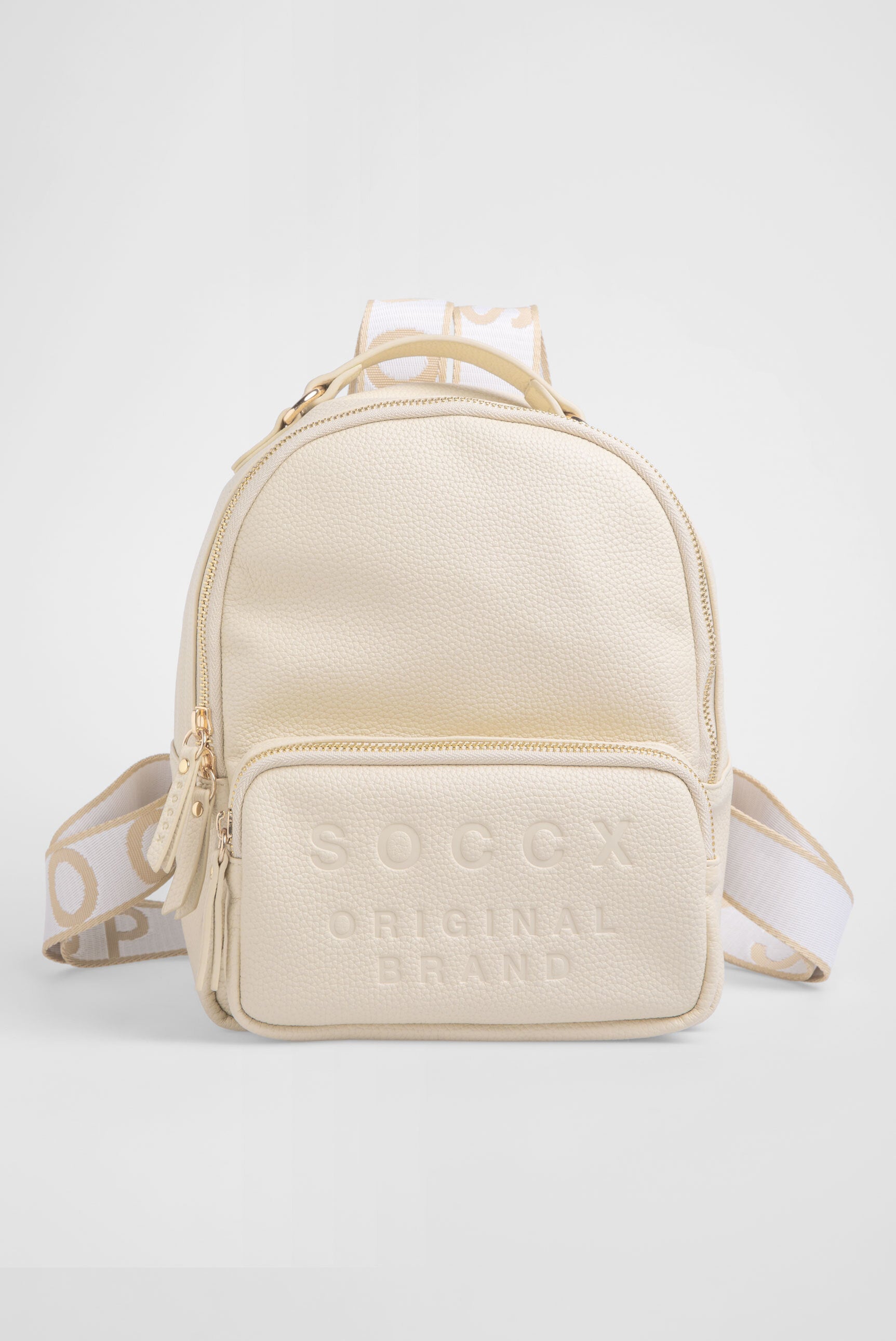 Mały plecak ze sztucznej skóry z paskami z logo