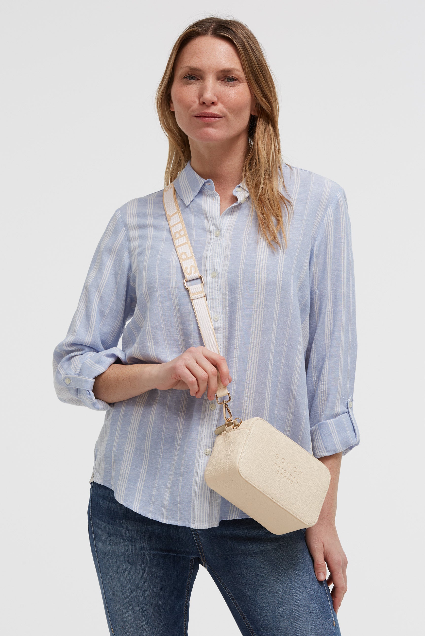 Torebka crossbody z logo i intarsjowanym paskiem parcianym