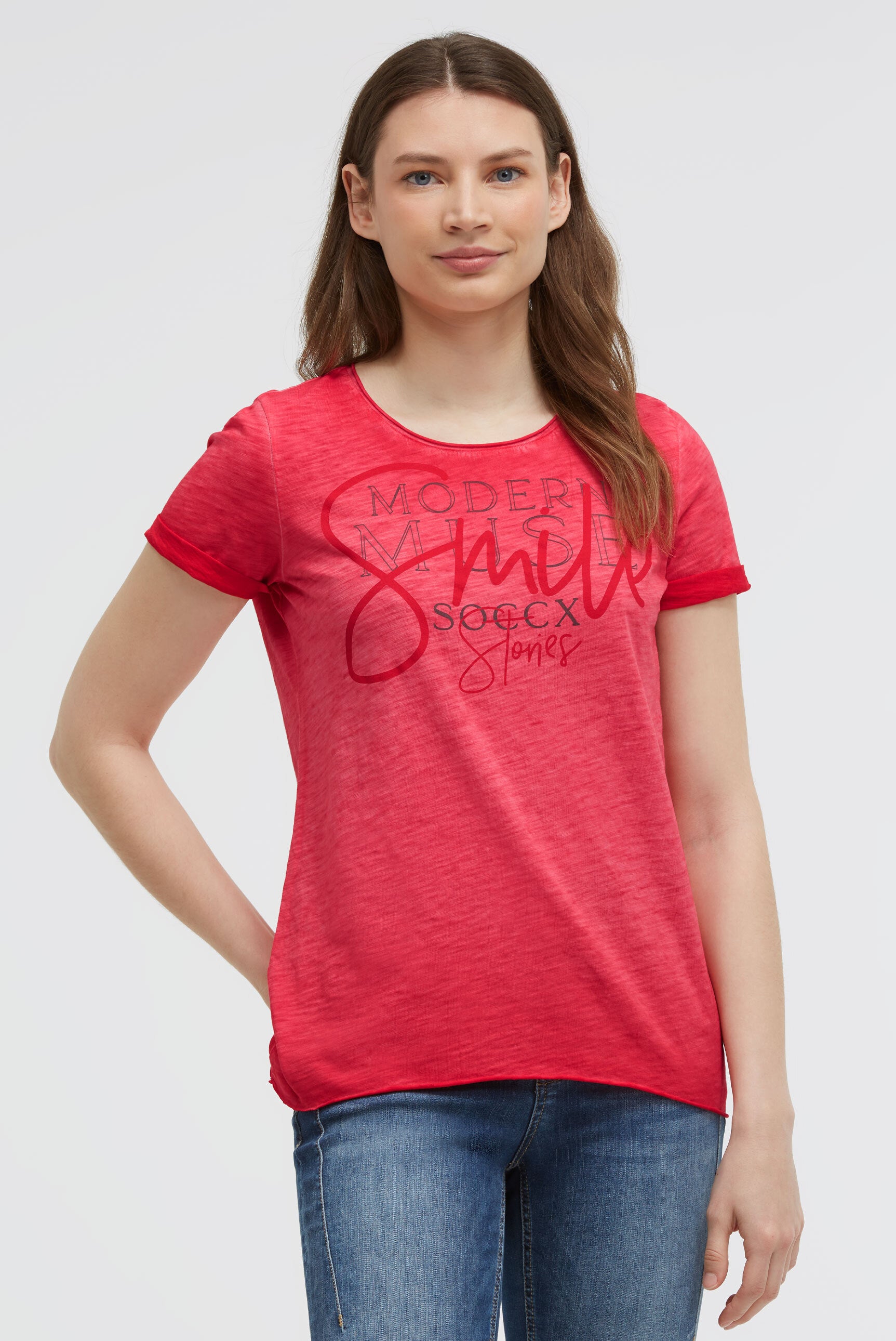 Postarzany T-shirt z okrągłym dekoltem i grafką - 2