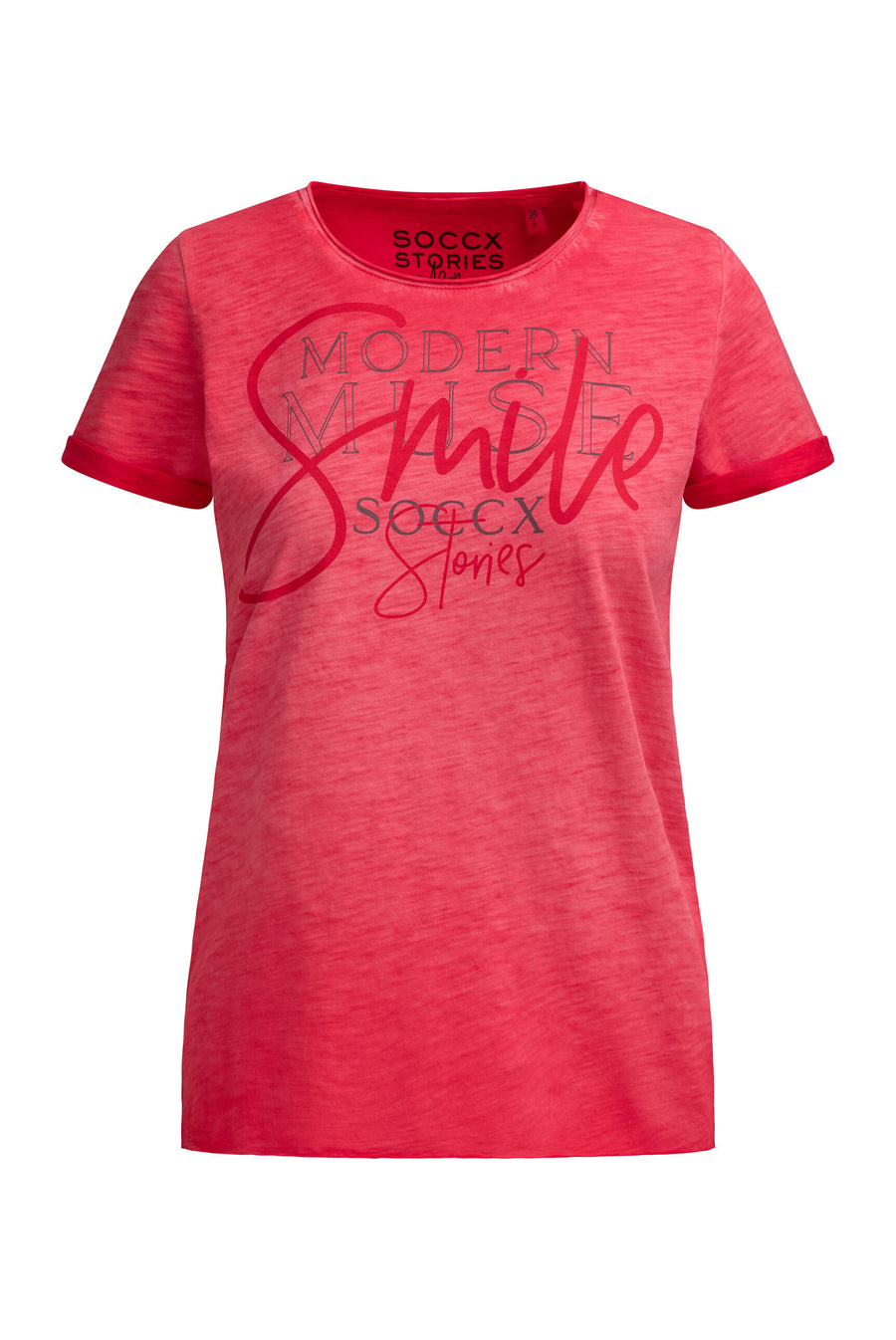 T-Shirt Rundhals mit Artwork und Used Look red orange
