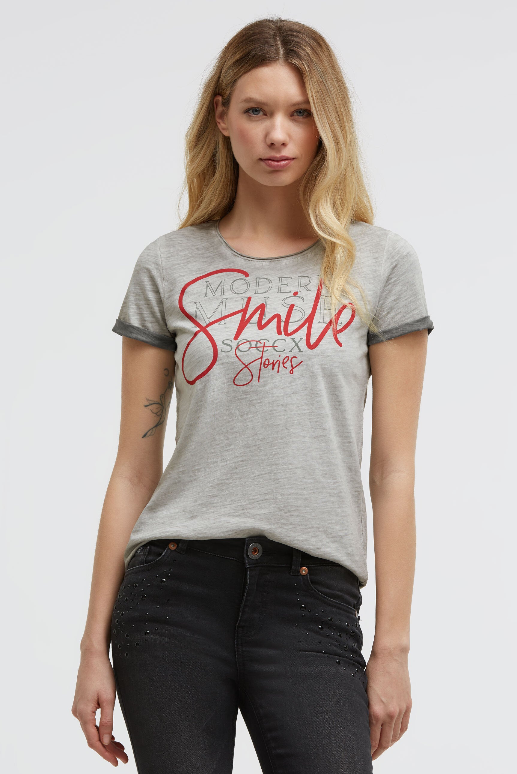 Postarzany T-shirt z okrągłym dekoltem i grafką