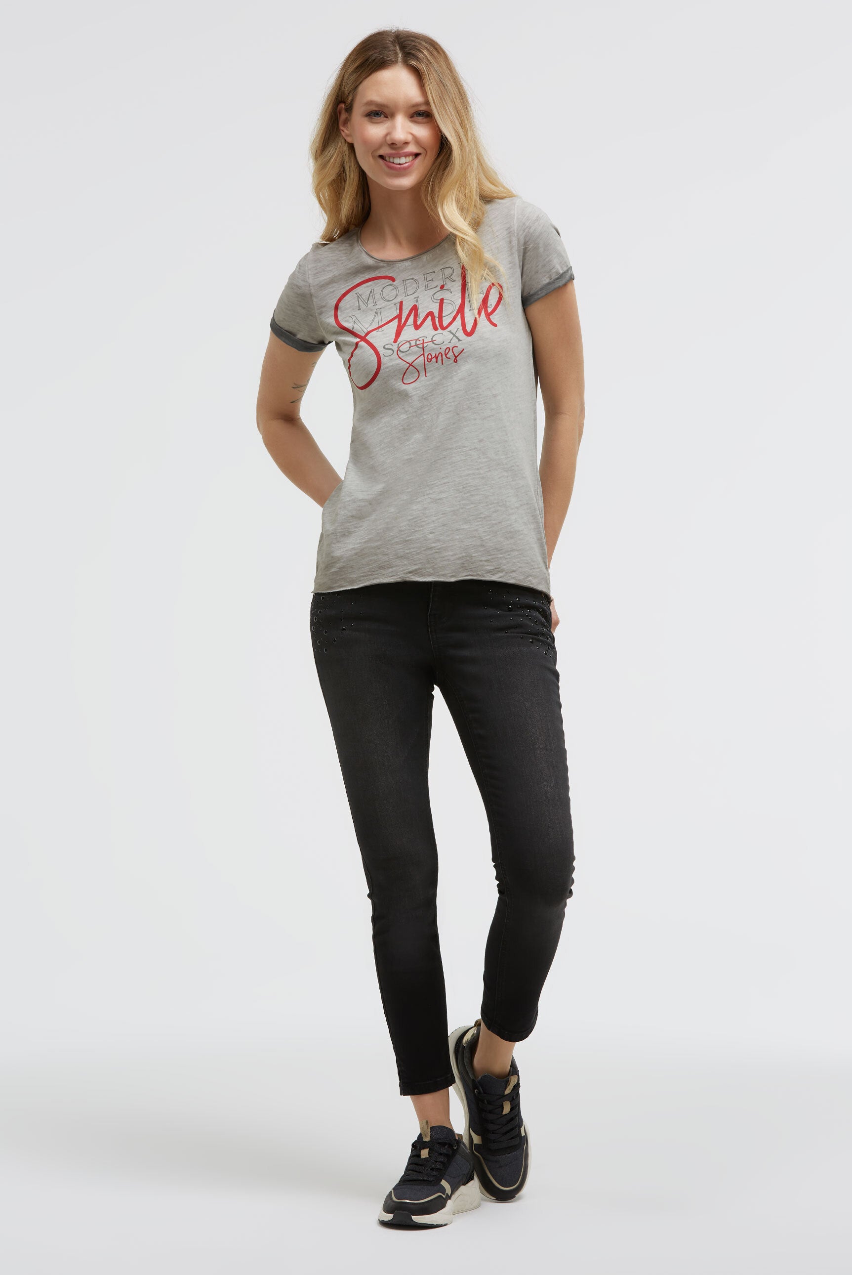 Postarzany T-shirt z okrągłym dekoltem i grafką