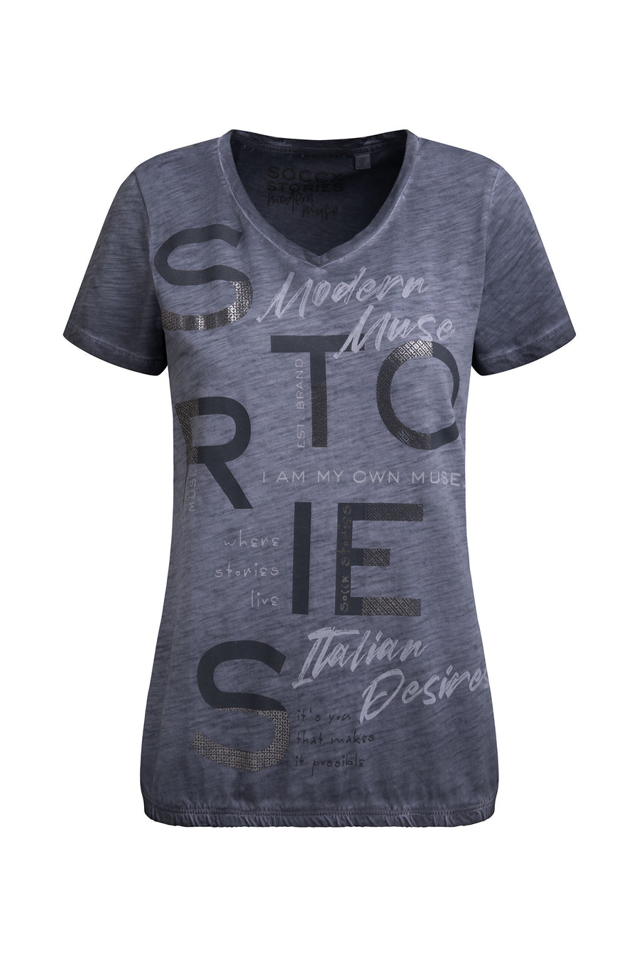 T-Shirt  V-Neck mit Folienprint und Elastiksaum blue grey