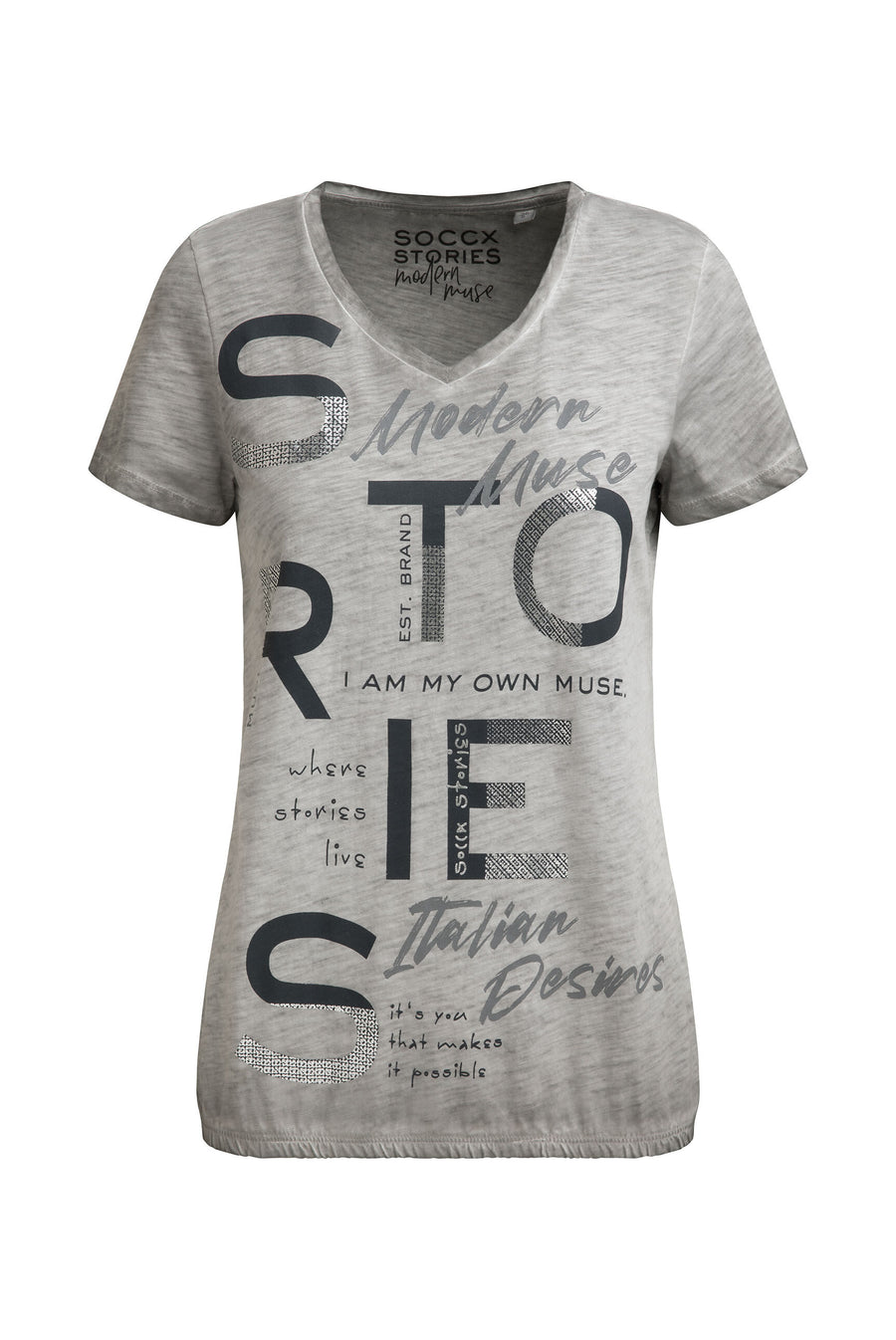 T-Shirt  V-Neck mit Folienprint und Elastiksaum shadow