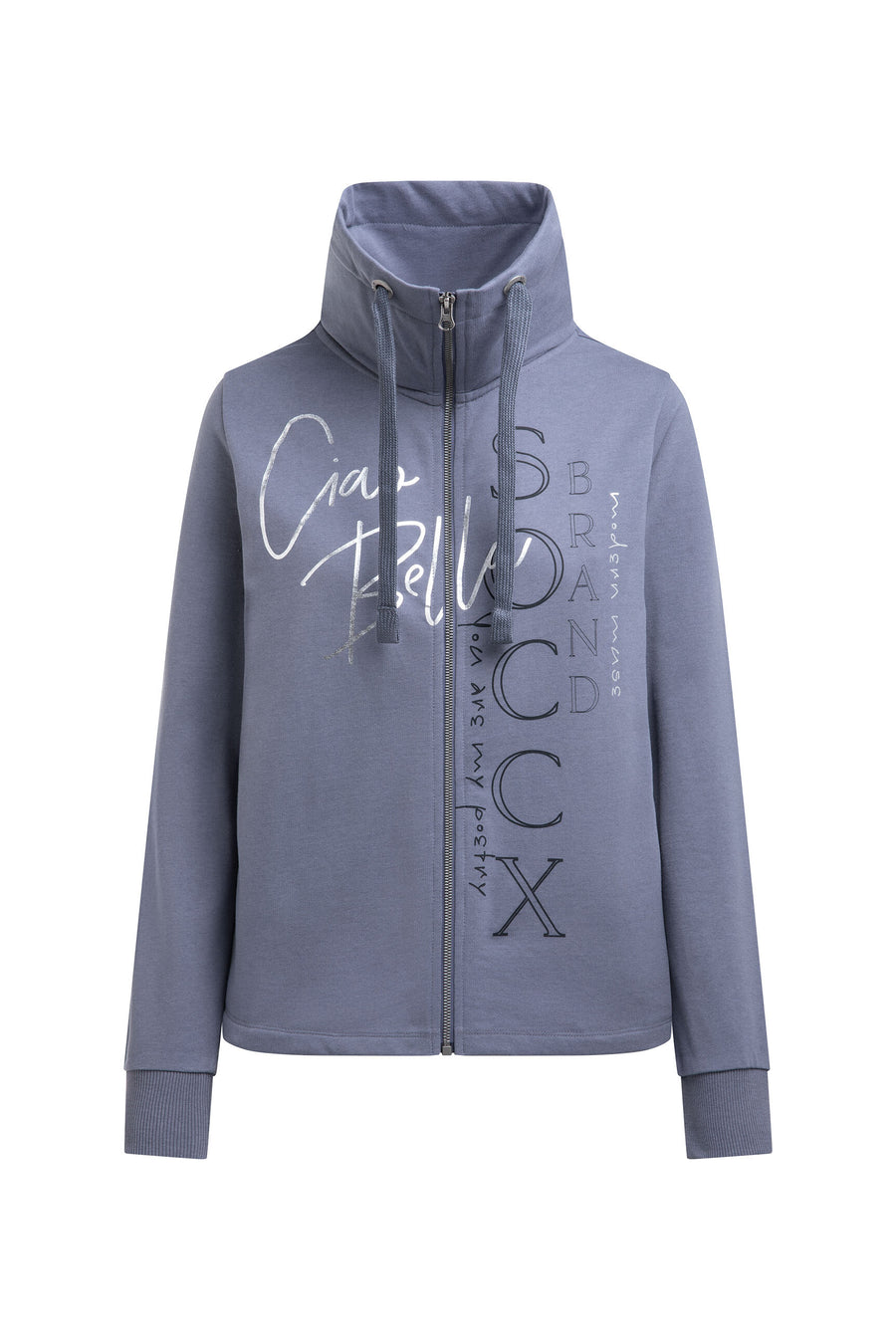 Sweatjacke mit hohem Kragen und Folienprints blue grey