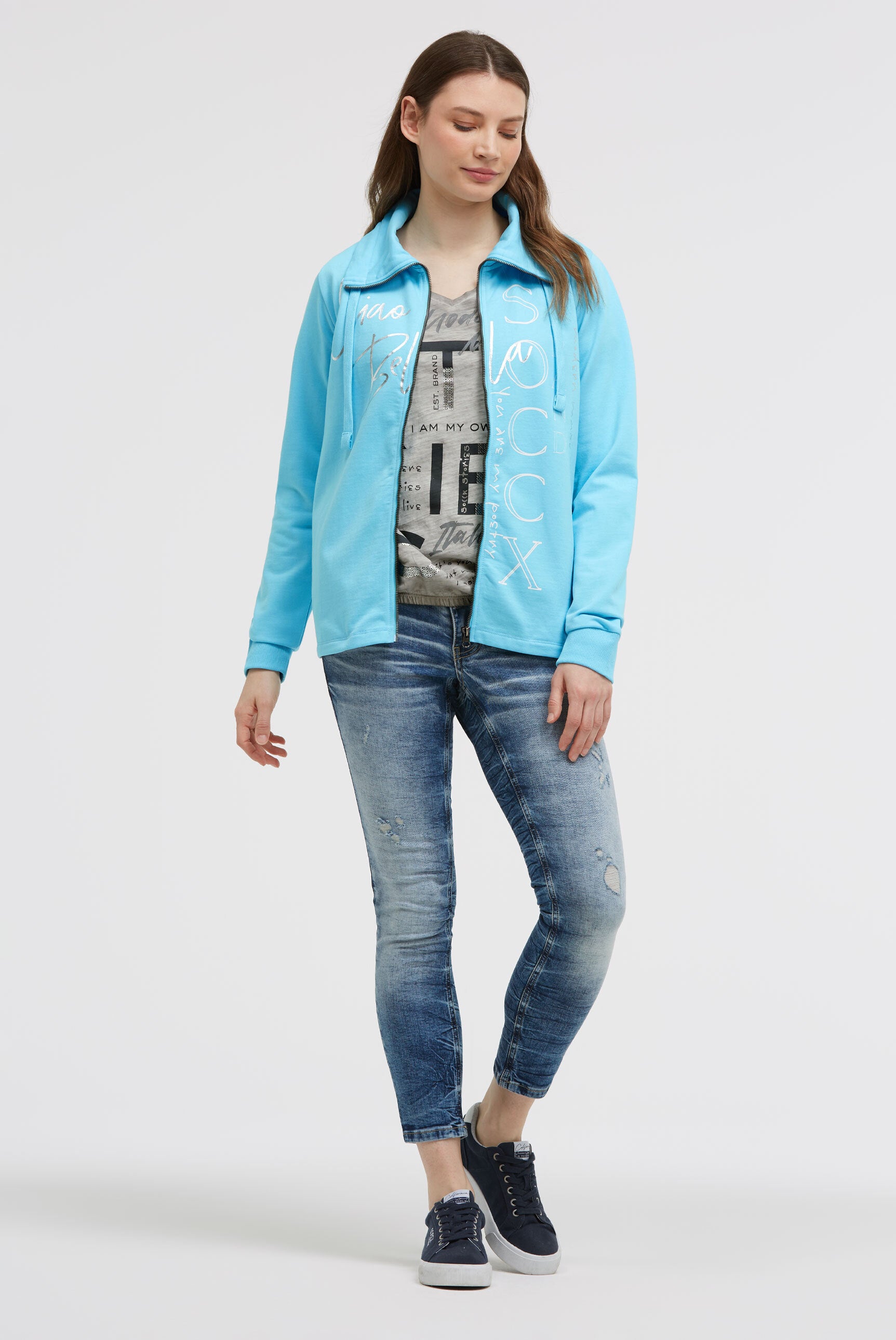 Bluza rozpinana z wysoką stójką i nadrukami foliowymi