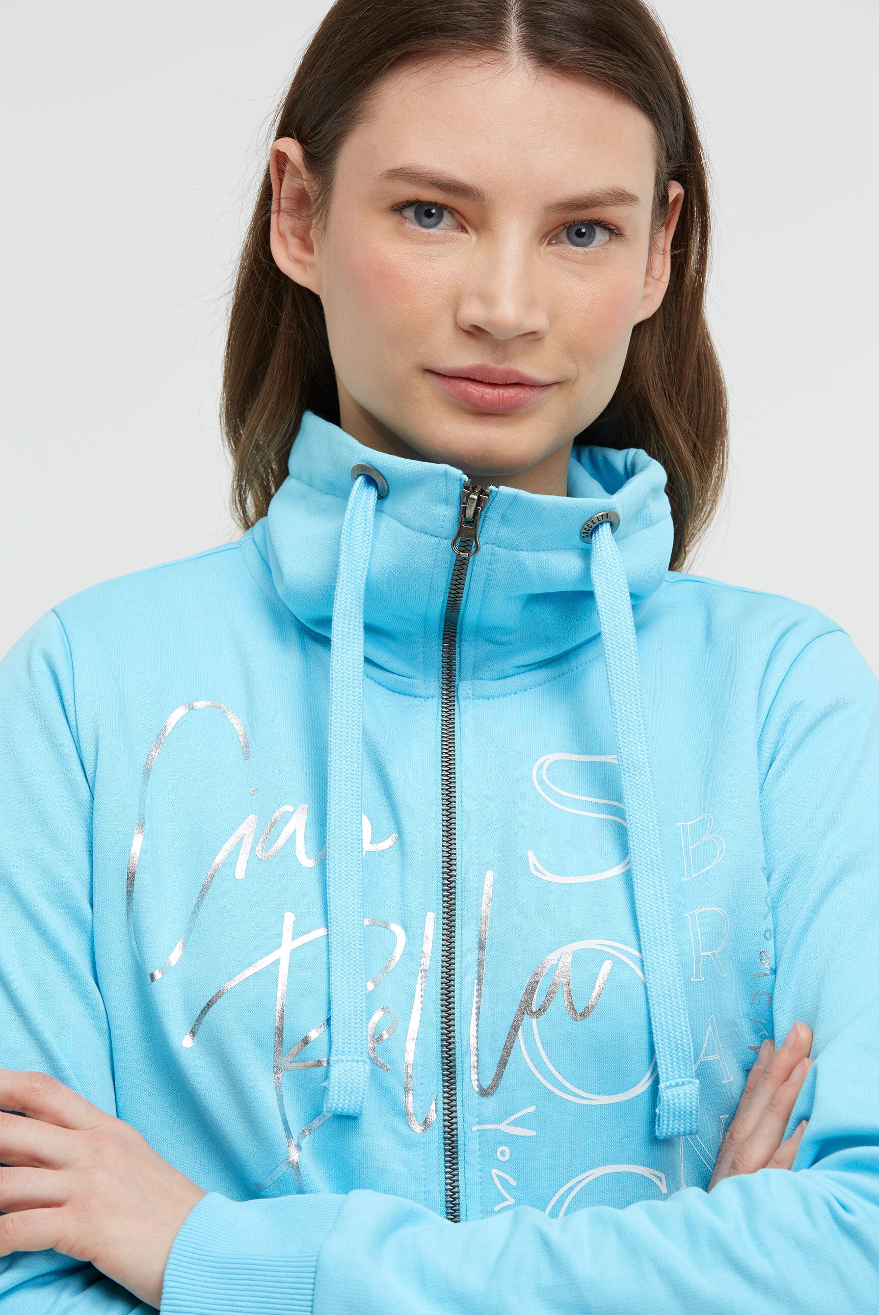 Bluza rozpinana z wysoką stójką i nadrukami foliowymi - 4