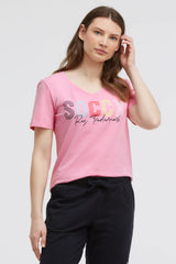 T-shirt basic z logo i dekoltem w serek