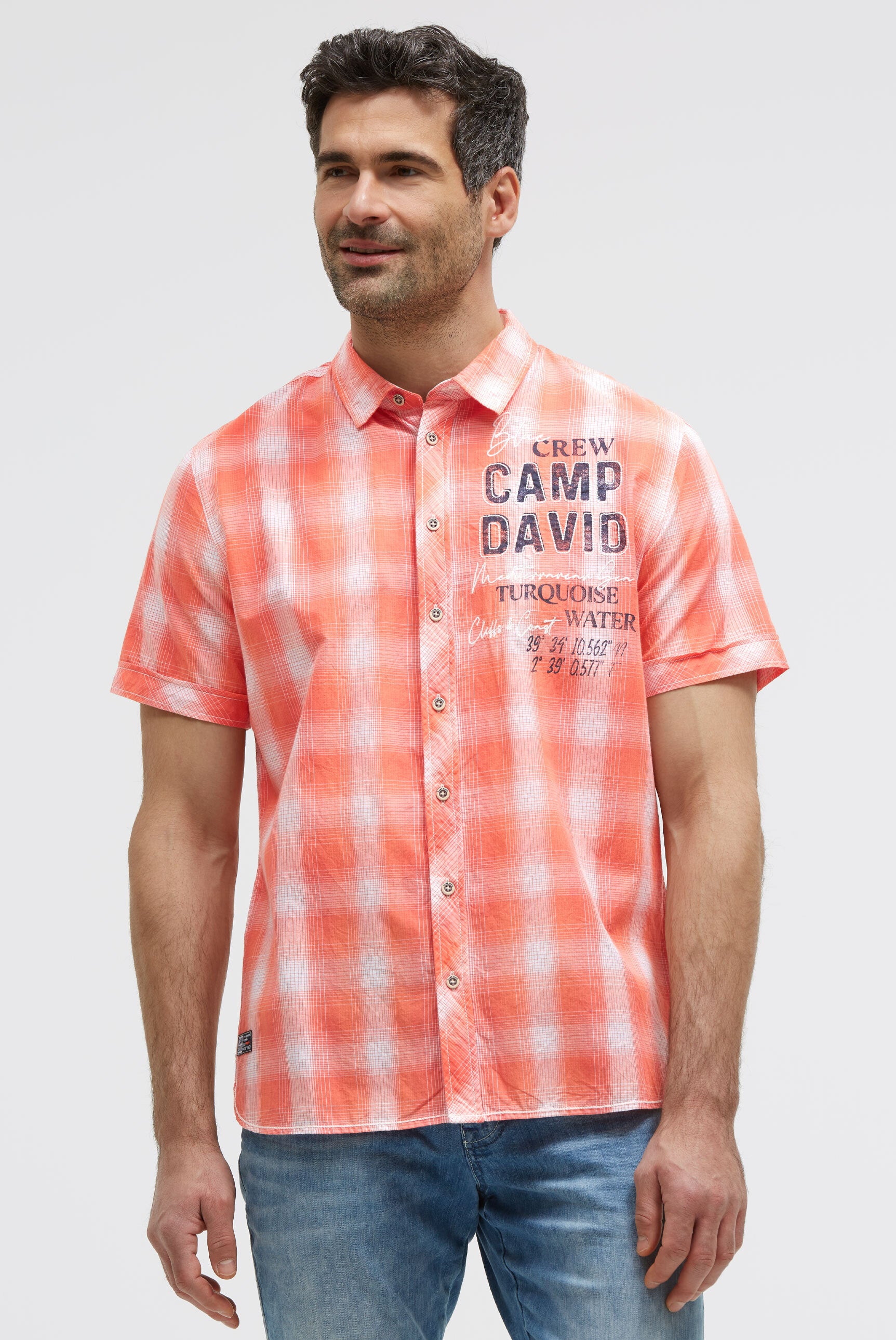 Karohemd Kurzarm mit Logo Print und Stickereien flame orange