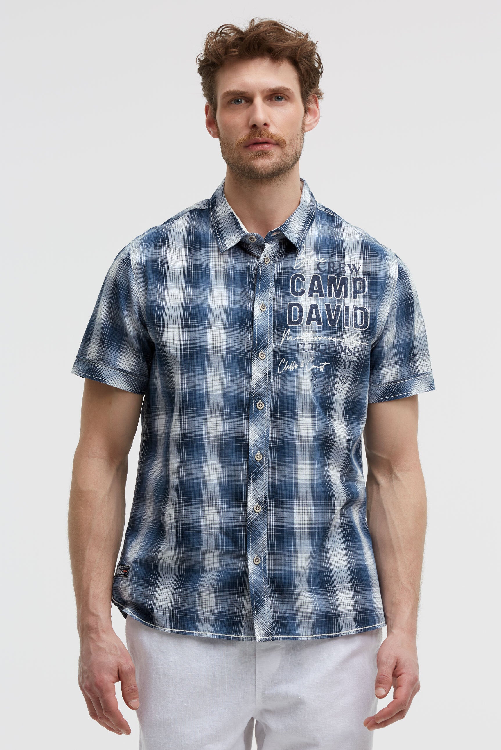 Karohemd Kurzarm mit Logo Print und Stickereien harbour blue - 2