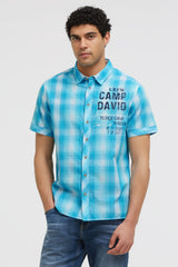 Karohemd Kurzarm mit Logo Print und Stickereien aqua