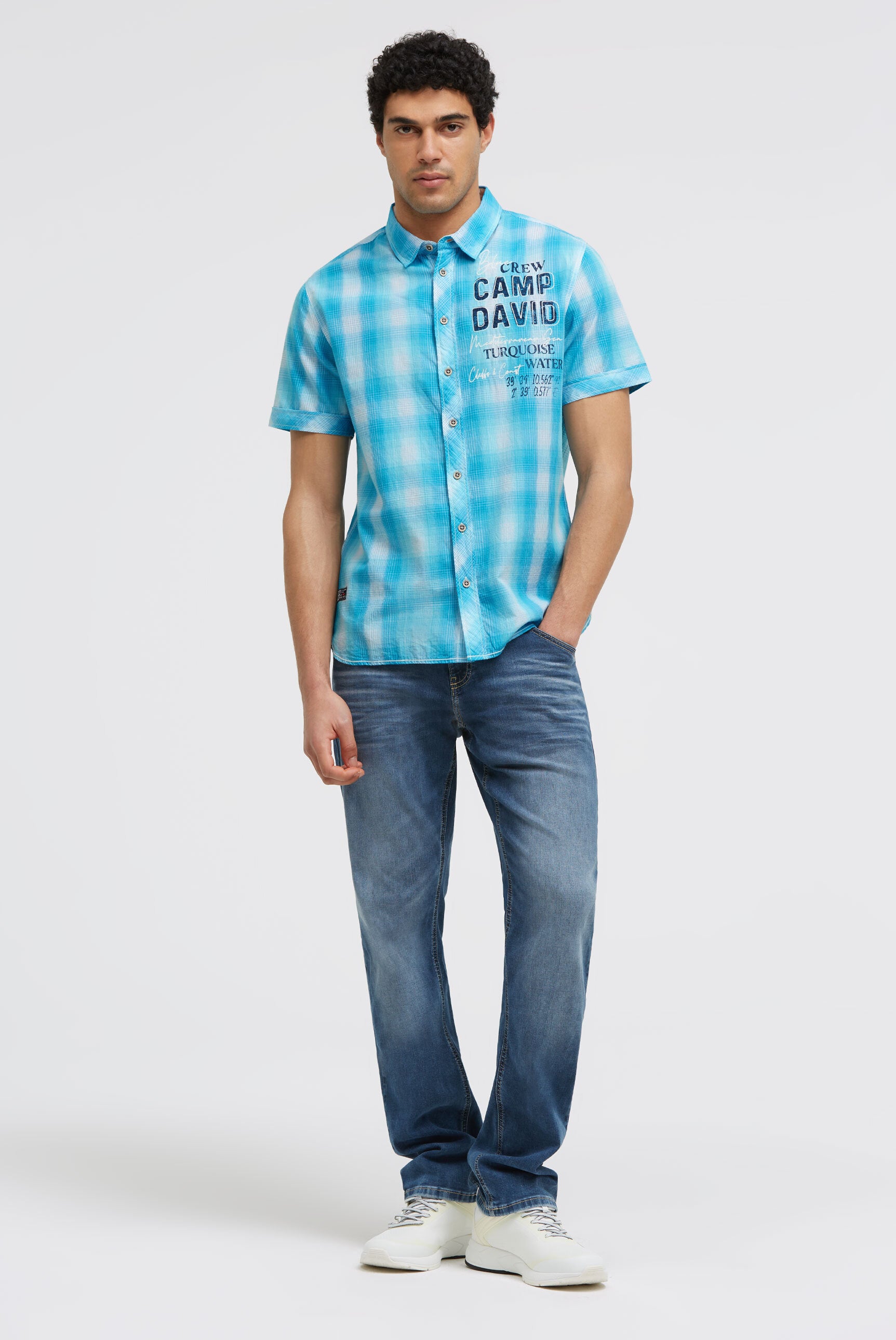 Karohemd Kurzarm mit Logo Print und Stickereien aqua - 3