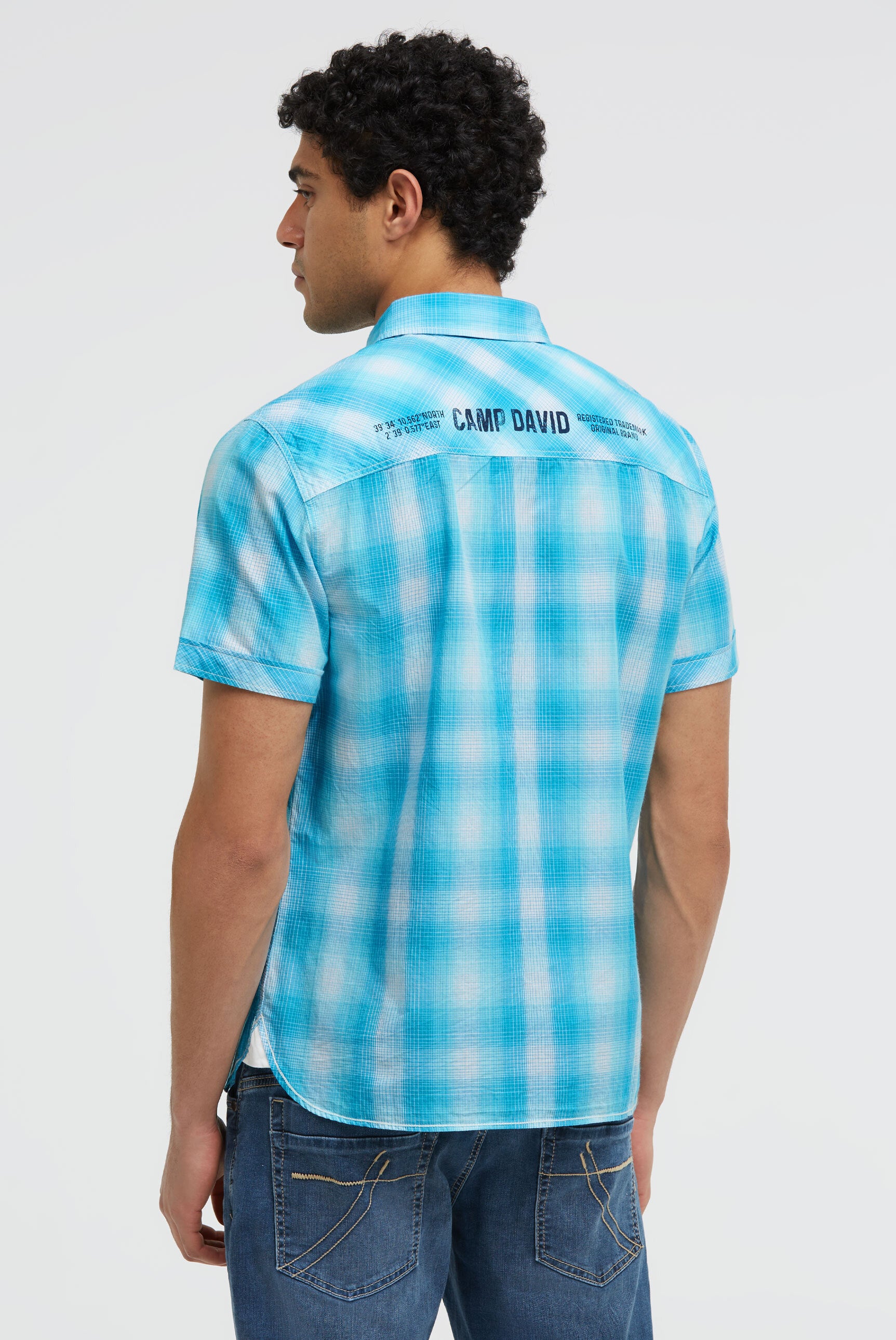 Karohemd Kurzarm mit Logo Print und Stickereien aqua