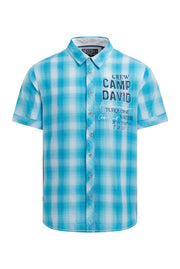Karohemd Kurzarm mit Logo Print und Stickereien aqua