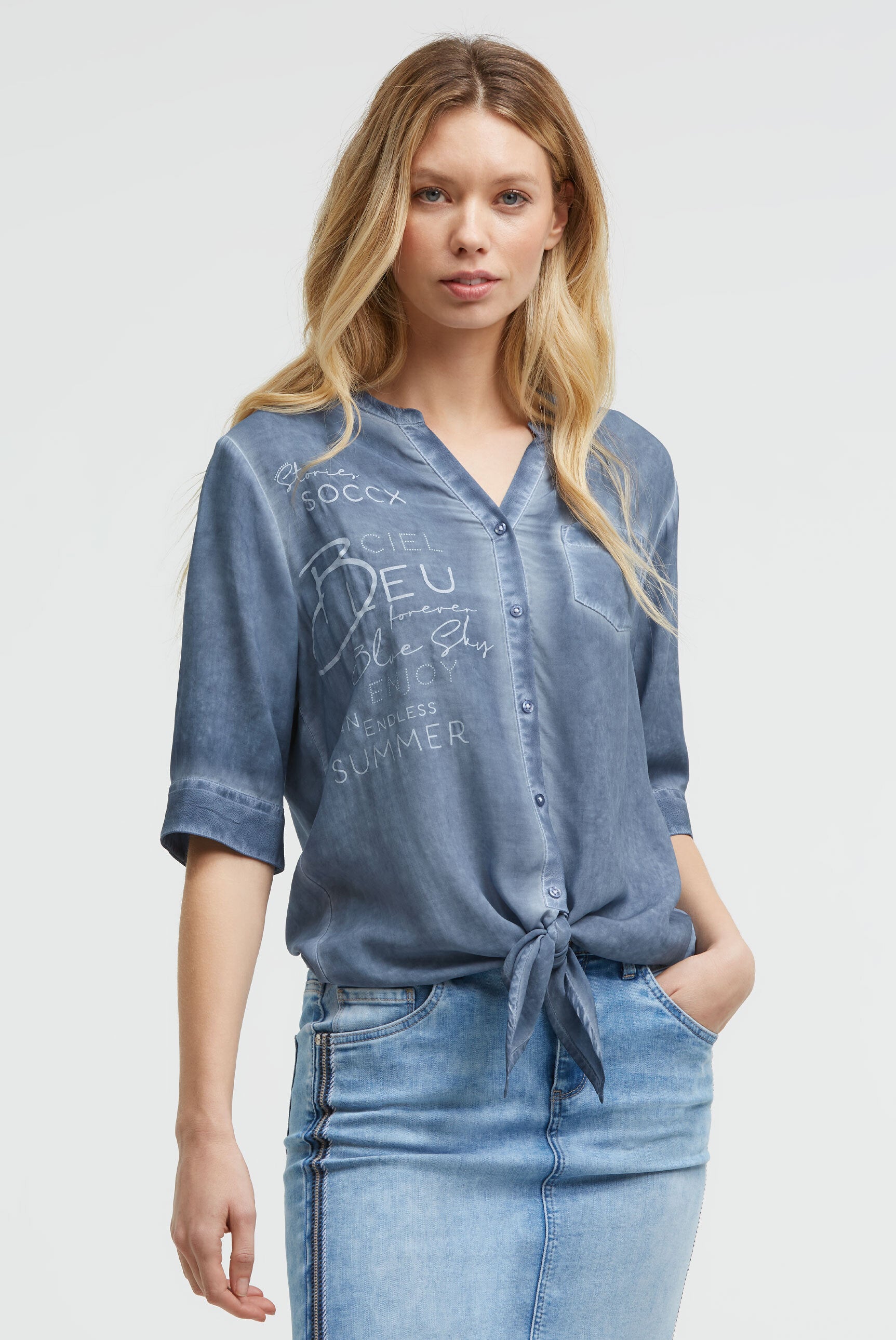 Bluse Kurzarm mit Knotensaum und Print soft azure - 2