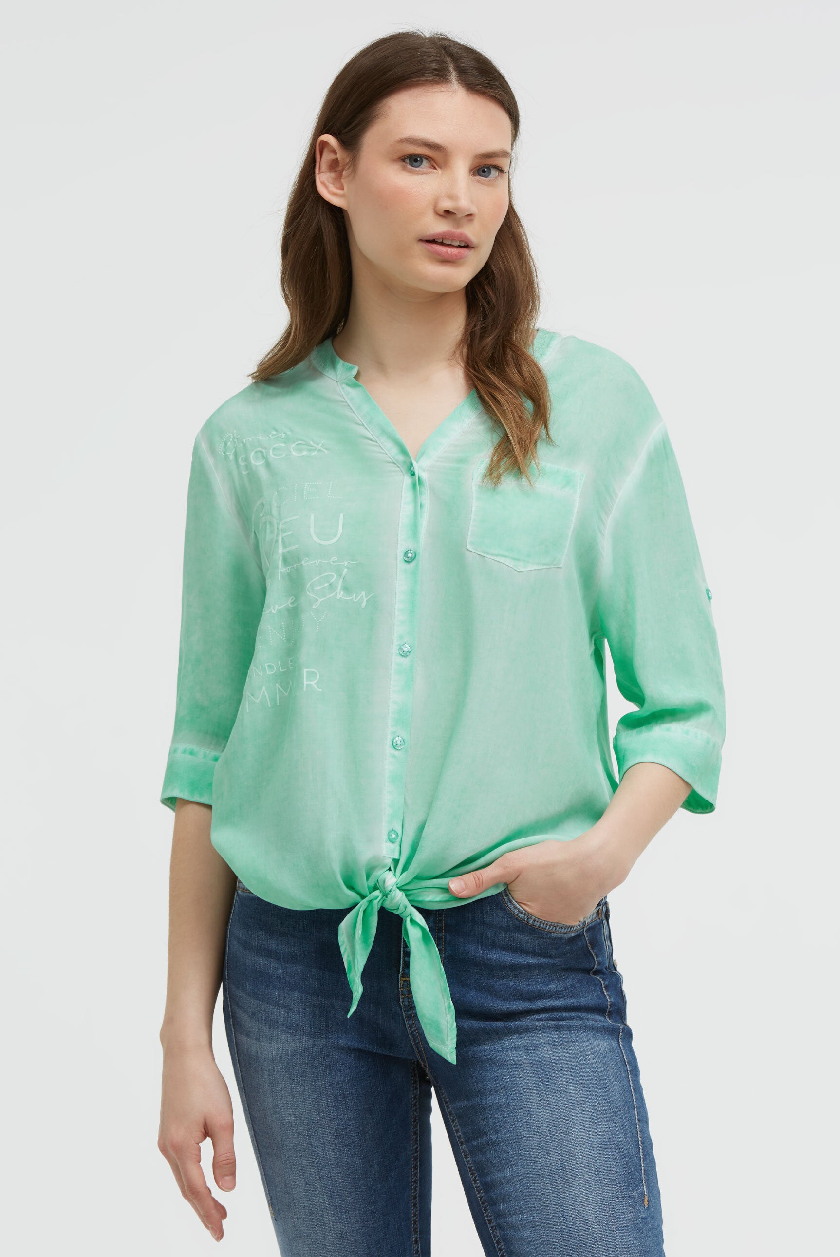 Bluse Kurzarm mit Knotensaum und Print french mint - 2