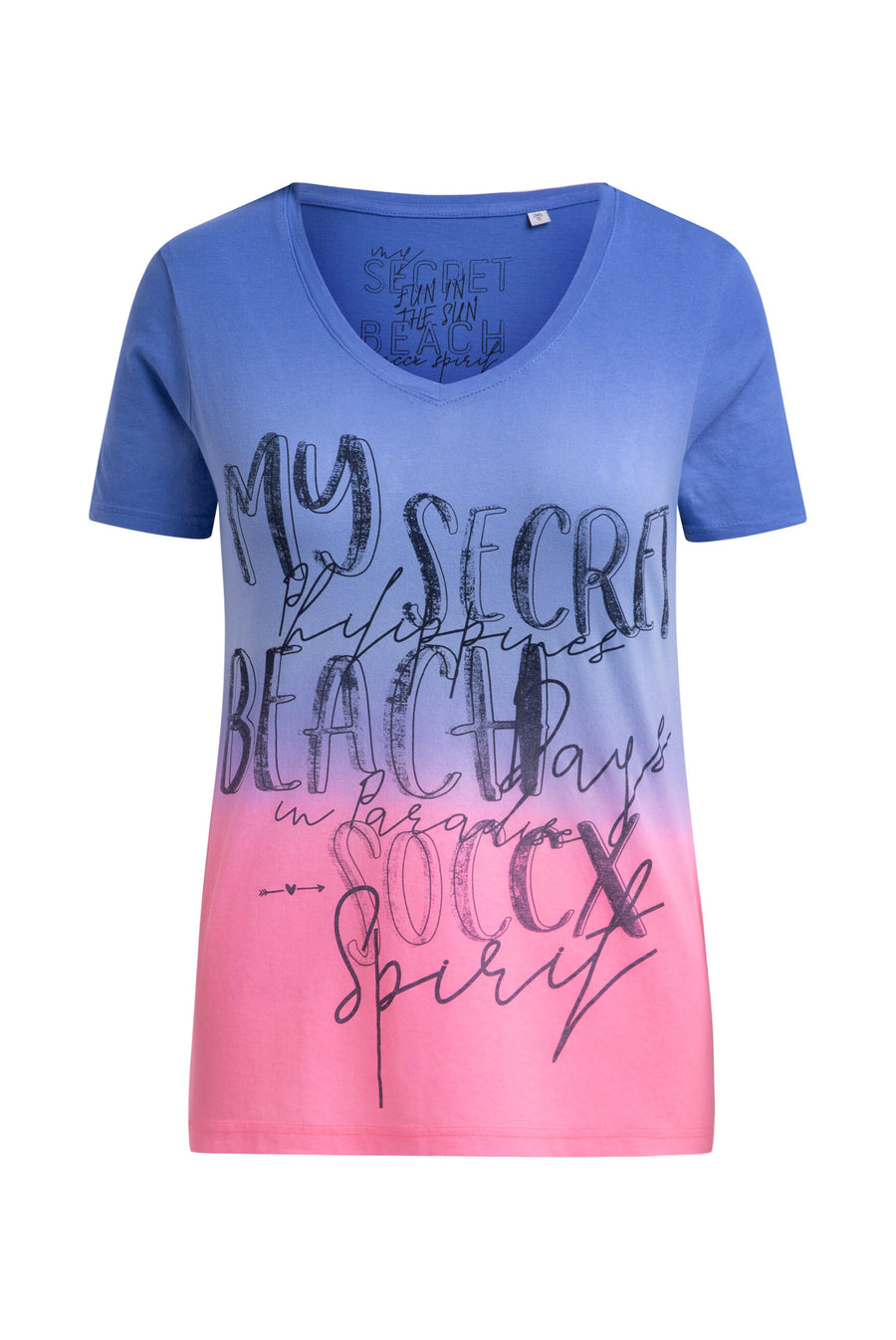 T-Shirt Dip Dye mit V-Ausschnitt und Label Print vividblue