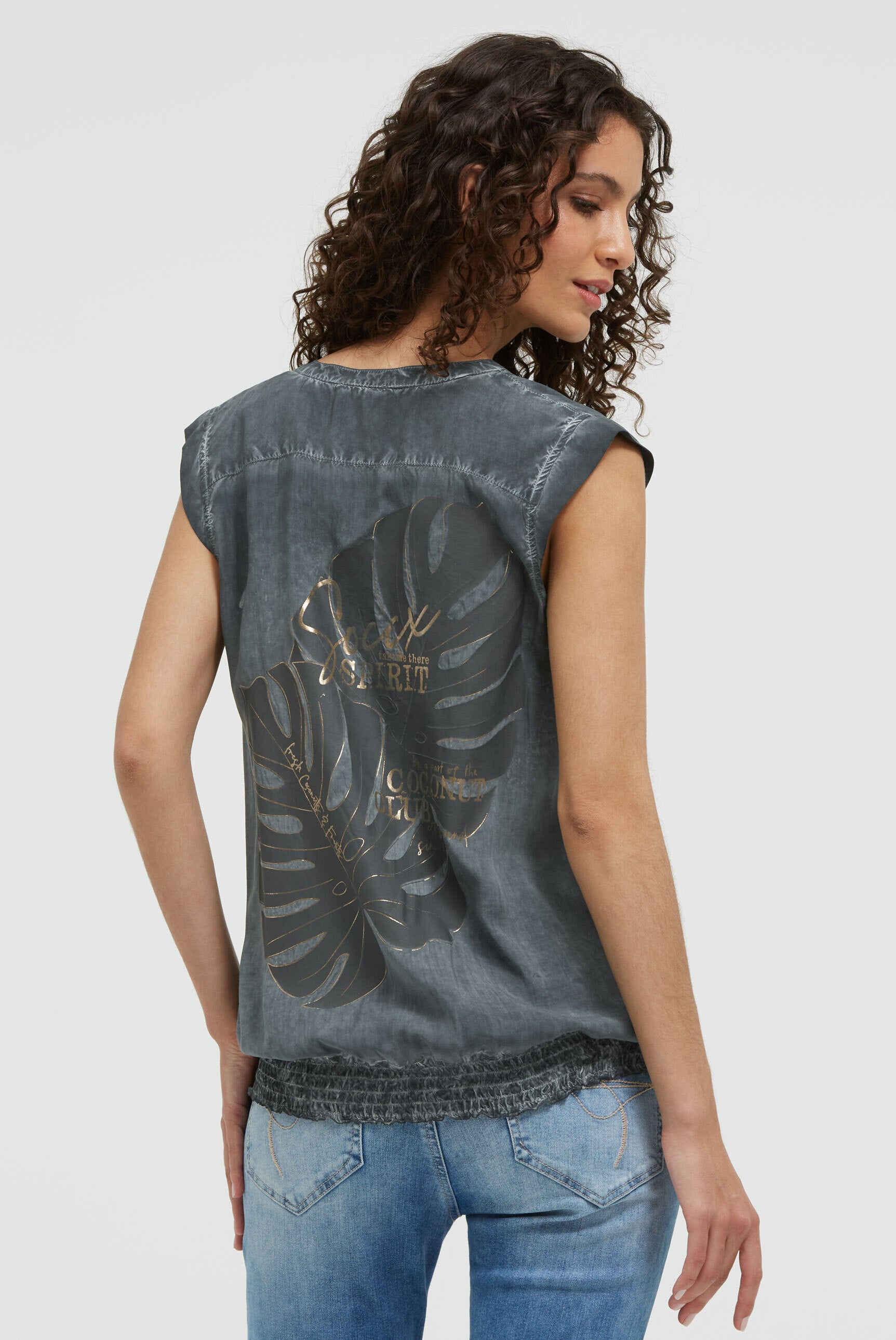 Blusentop mit gesmoktem Saum und Rückenprint green shadow - 5