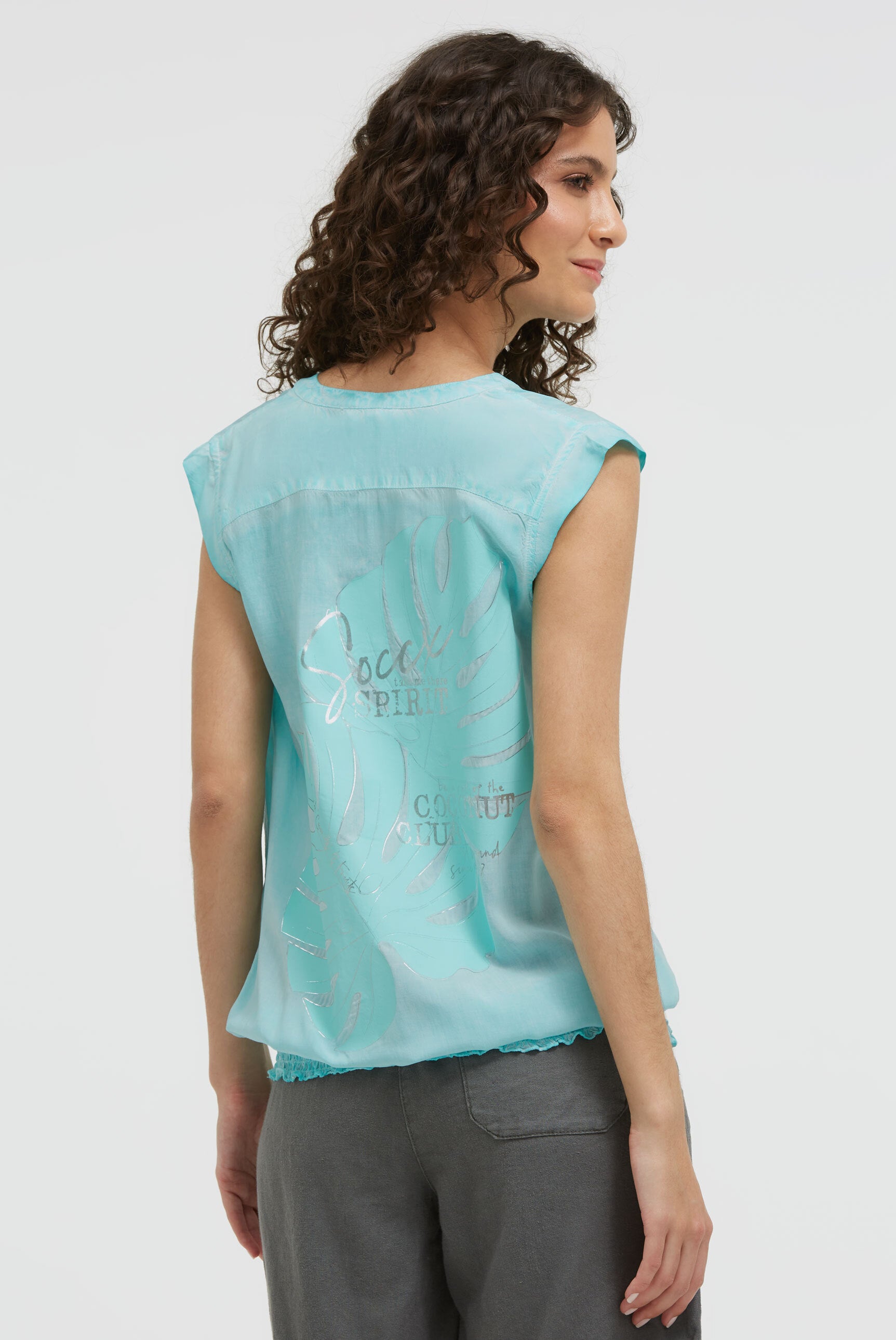 Blusentop mit gesmoktem Saum und Rückenprint aqua splash