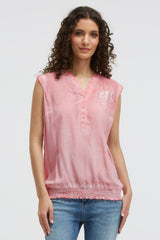 Blusentop mit gesmoktem Saum und Rückenprint beachy red