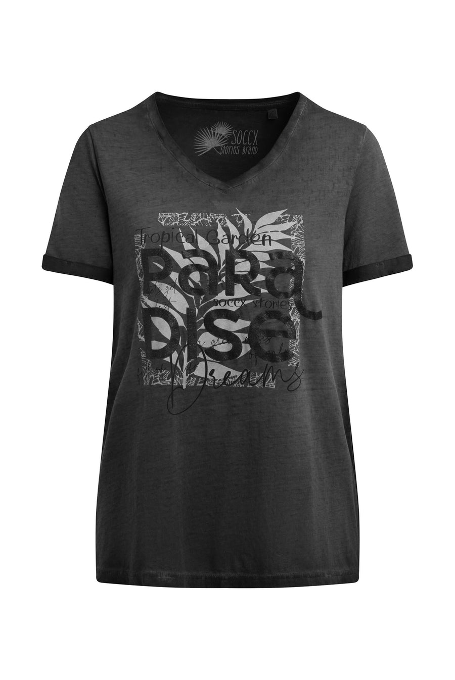 T-Shirt mit V-Ausschnitt und Glitter-Puffprint black