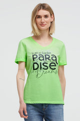 T-shirt z dekoltem w serek i brokatowym wypukłym nadrukiem