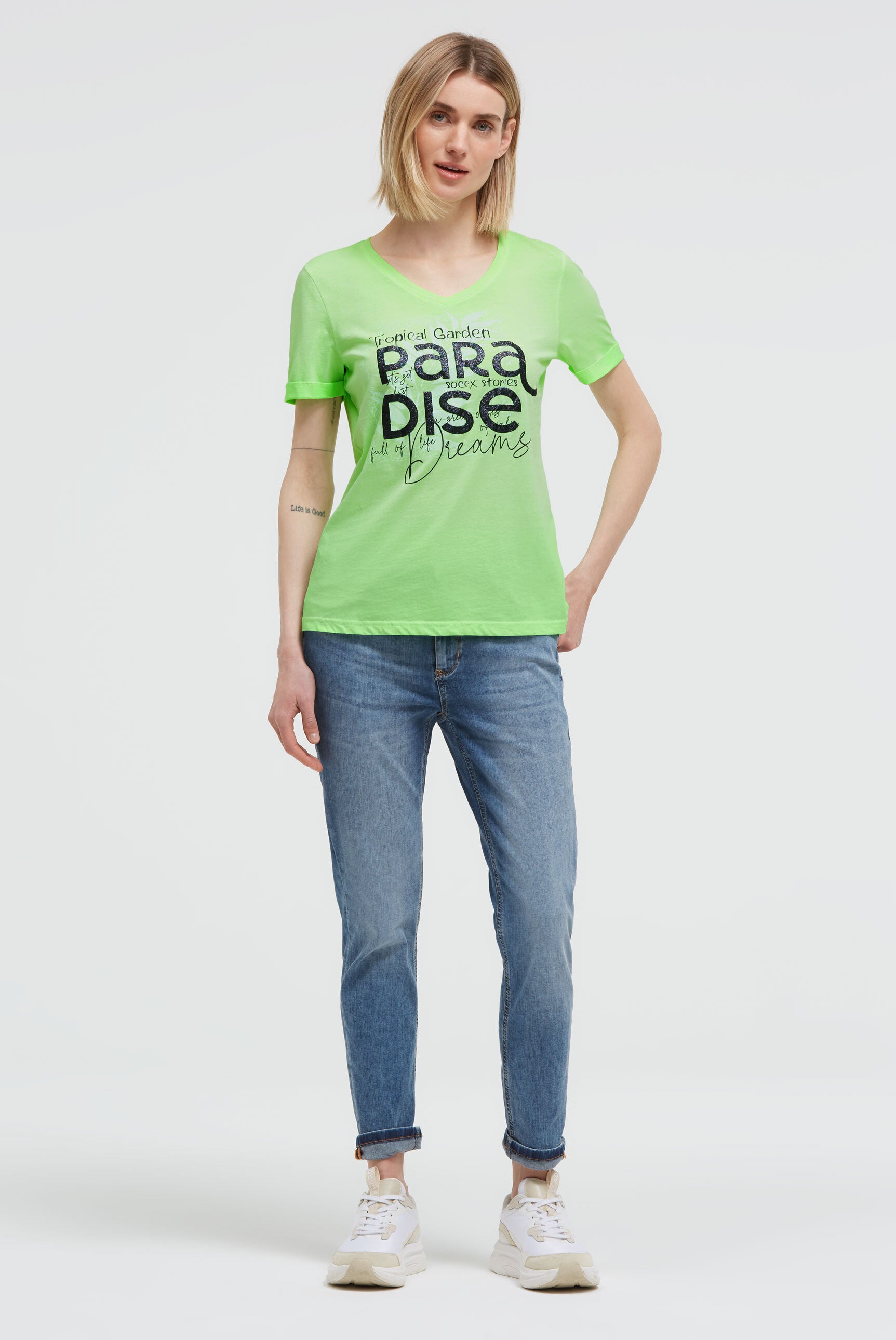 T-shirt z dekoltem w serek i brokatowym wypukłym nadrukiem - 3
