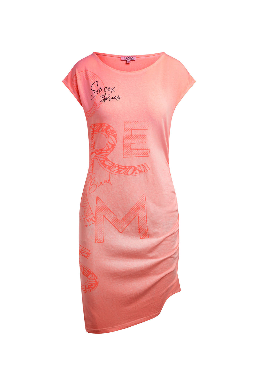 Asymetrisches Jerseykleid mit Print und Raffung neon flame