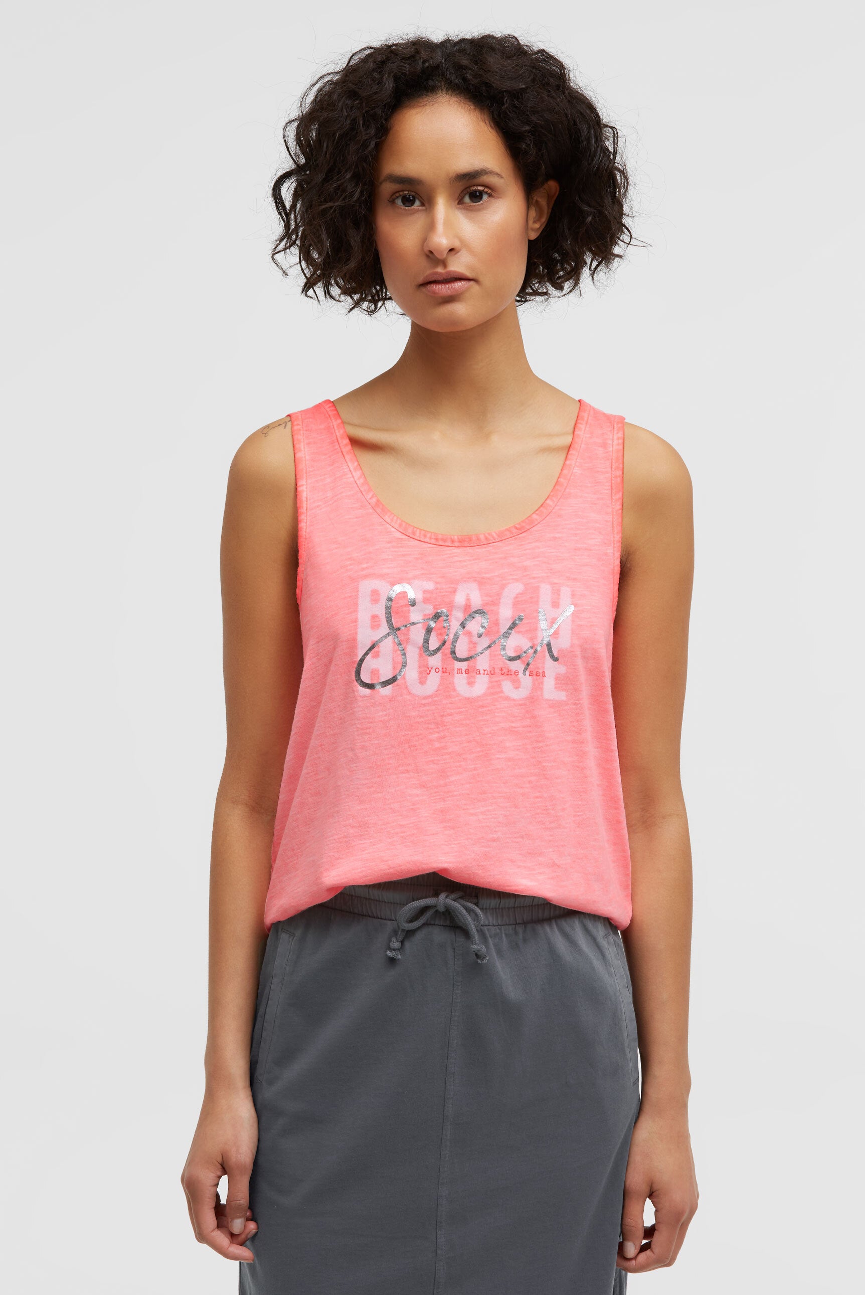 Top Oil Dyed mit Folienprint neon coral