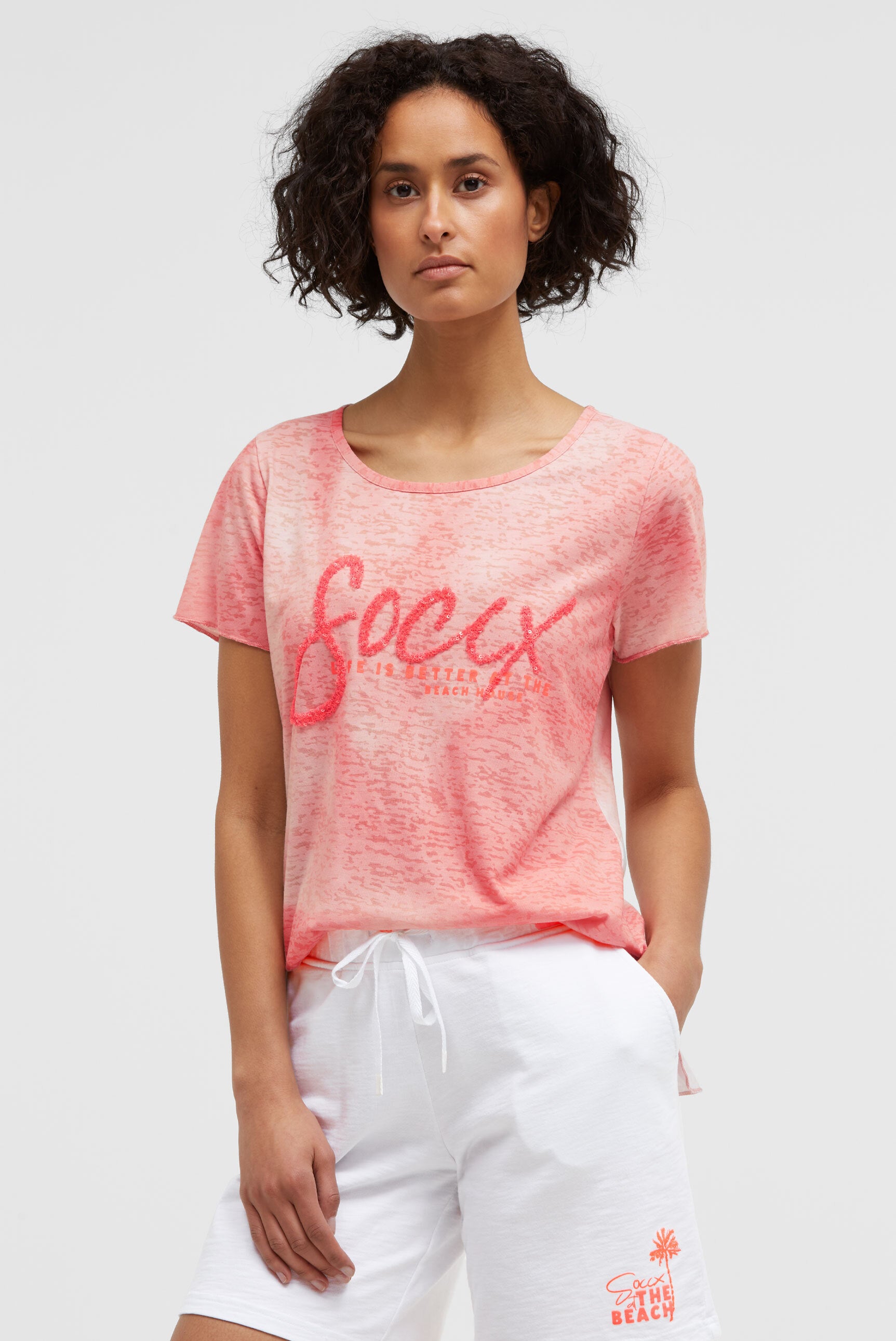 Ausbrenner-T-Shirt mit Pailletten-Wording neon coral
