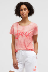 T-shirt devore z napisem z cekinów