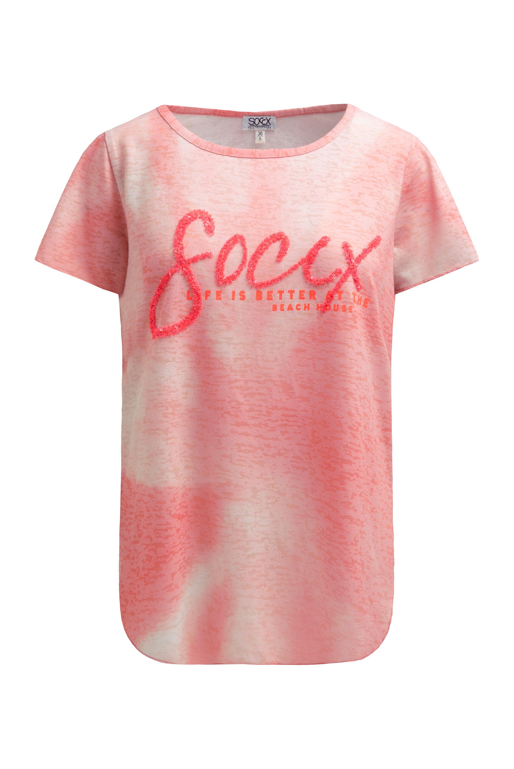 Ausbrenner-T-Shirt mit Pailletten-Wording neon coral
