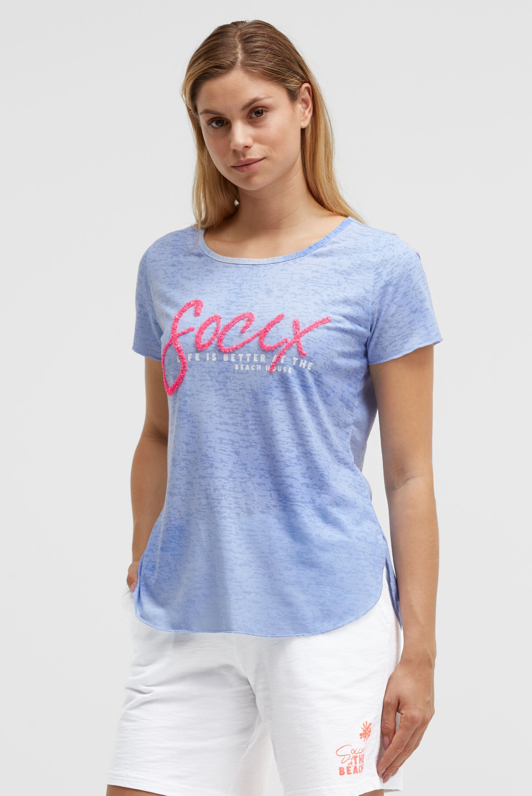 Ausbrenner-T-Shirt mit Pailletten-Wording soft ocean